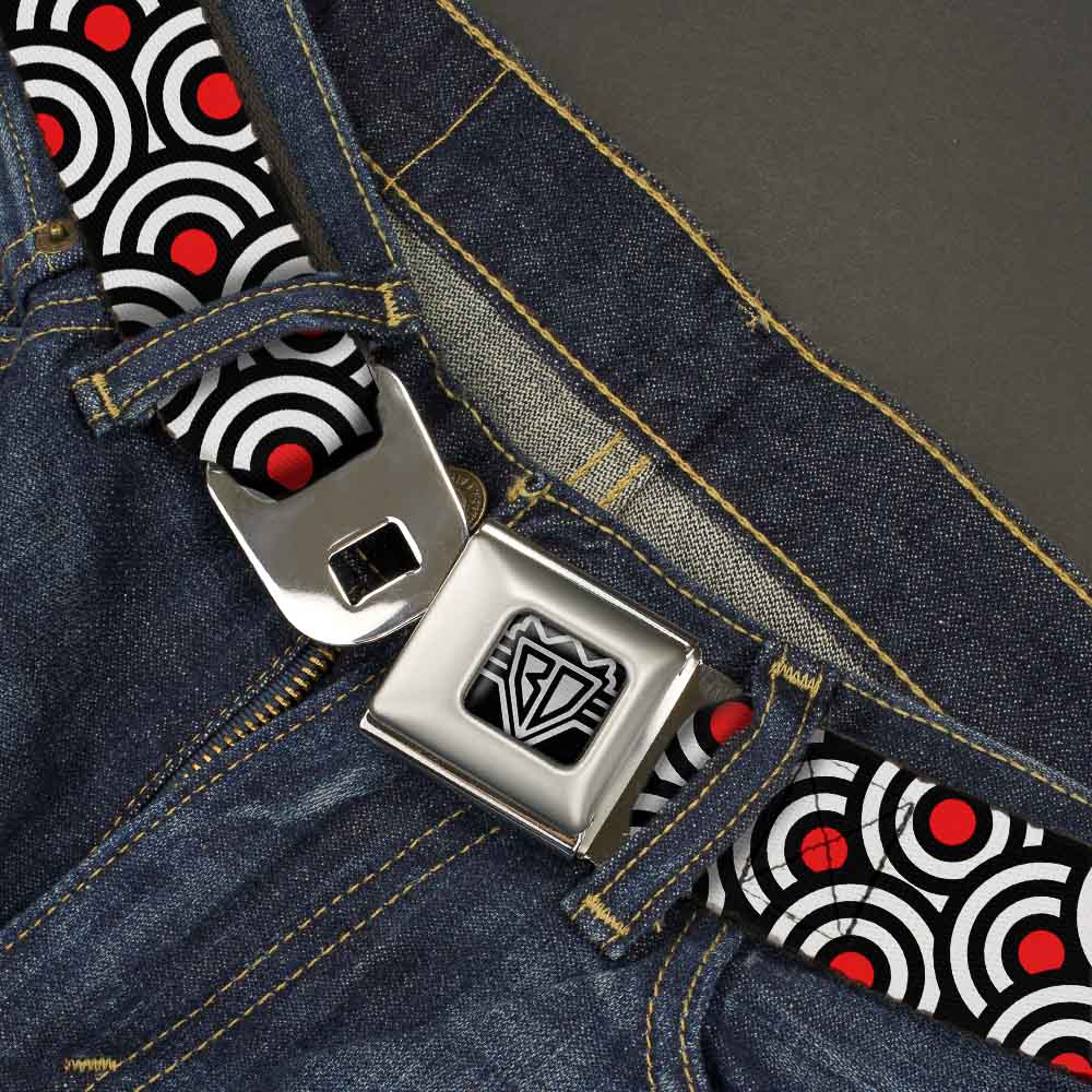 BD Wings Logo CLOSE-UP Full Color Black Silver Seatbelt Belt - Bullseye Stacked Black/White/Red Webbing Seatbelt Belts Buckle-Down