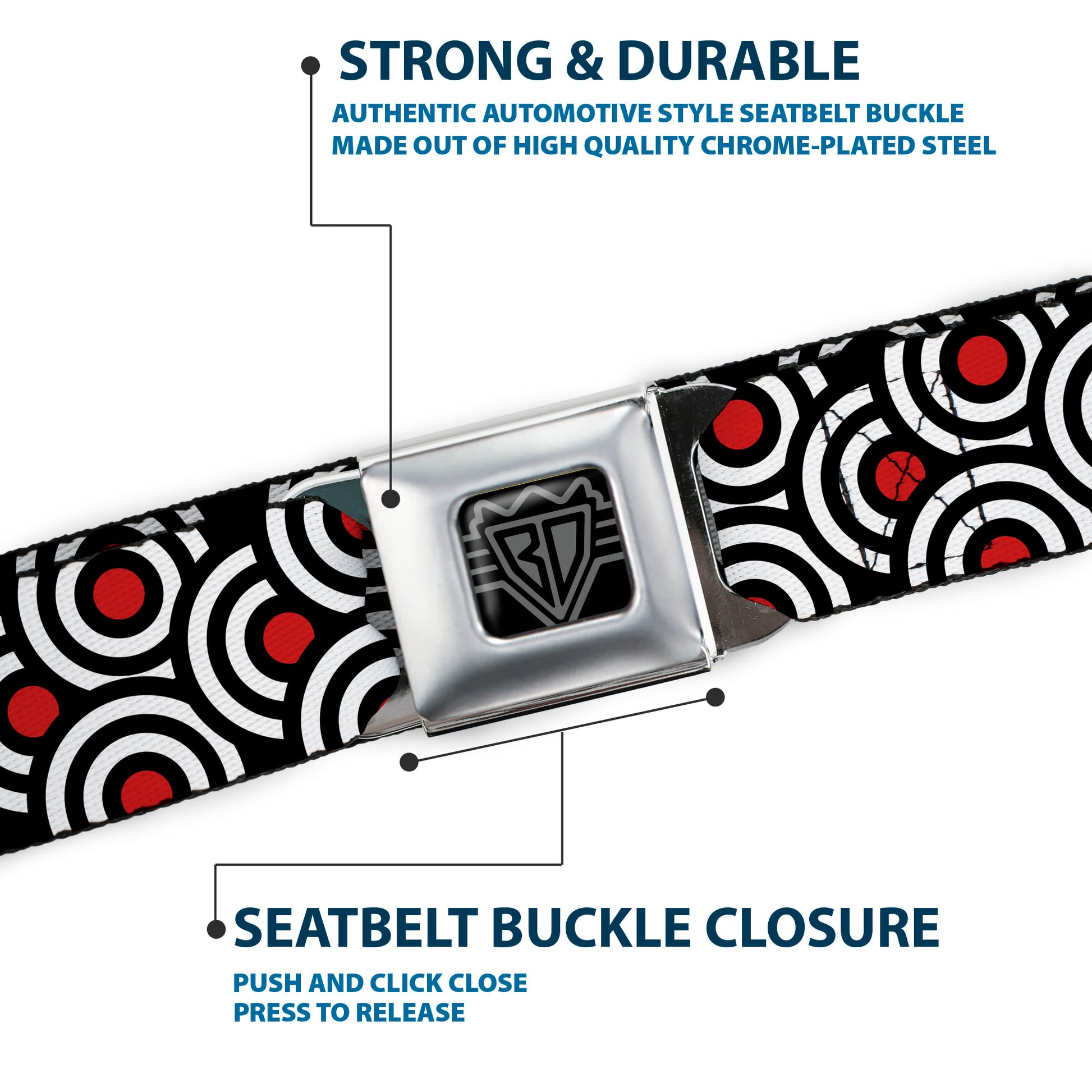 BD Wings Logo CLOSE-UP Full Color Black Silver Seatbelt Belt - Bullseye Stacked Black/White/Red Webbing Seatbelt Belts Buckle-Down