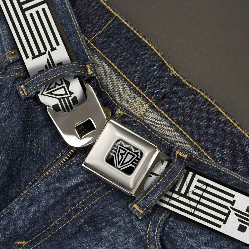 BD Wings Logo CLOSE-UP Full Color Black Silver Seatbelt Belt - BD Logo/American Stripe Flag White/Black Webbing Seatbelt Belts Buckle-Down