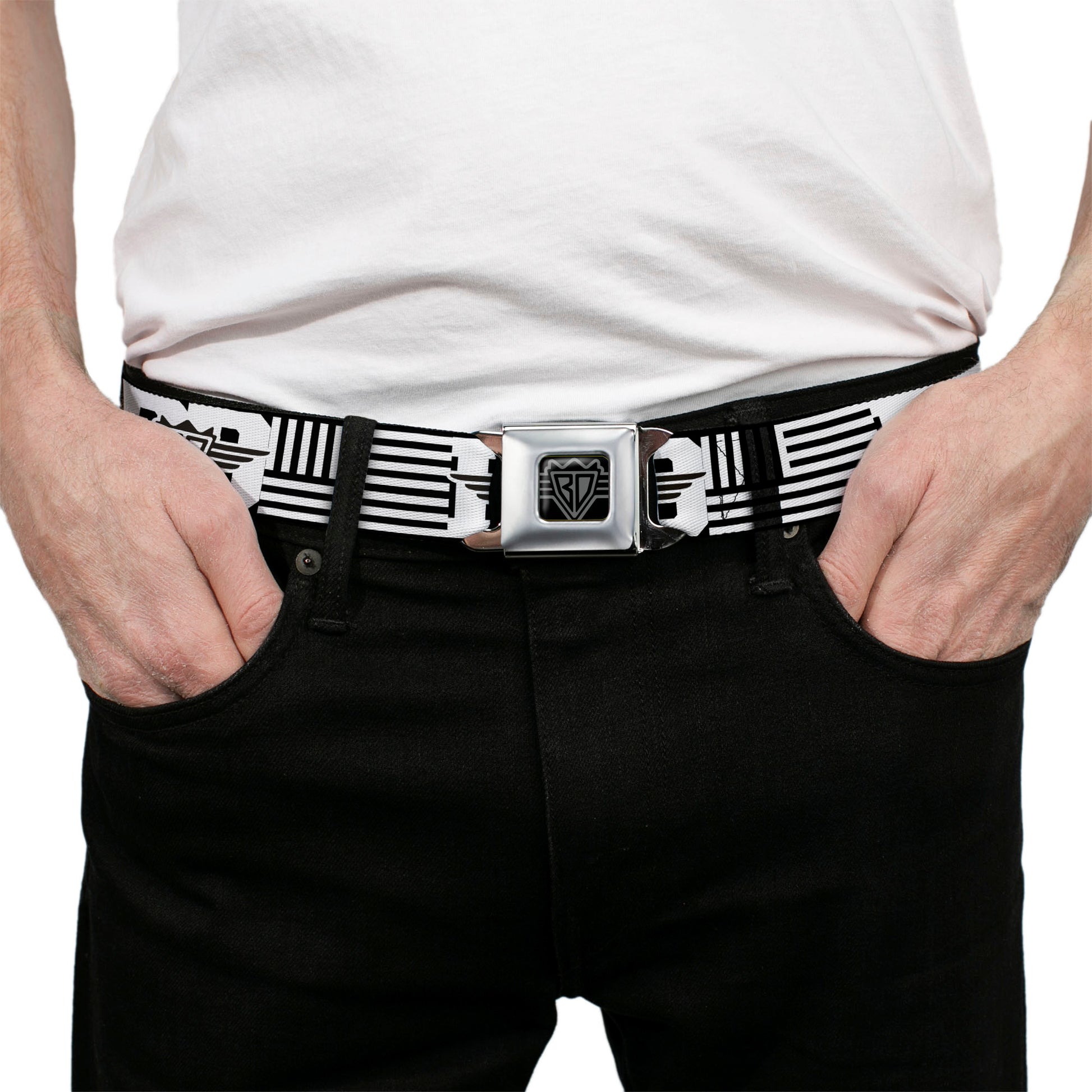 BD Wings Logo CLOSE-UP Full Color Black Silver Seatbelt Belt - BD Logo/American Stripe Flag White/Black Webbing Seatbelt Belts Buckle-Down