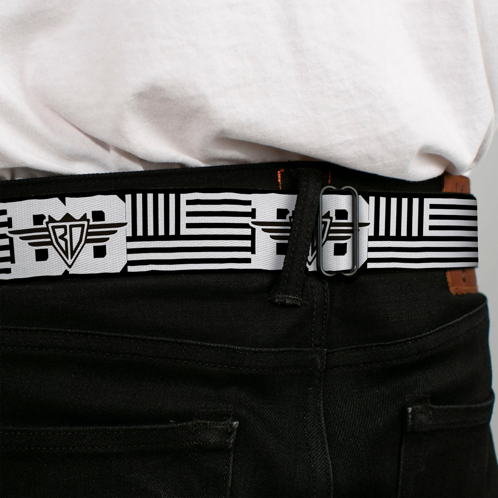 BD Wings Logo CLOSE-UP Full Color Black Silver Seatbelt Belt - BD Logo/American Stripe Flag White/Black Webbing Seatbelt Belts Buckle-Down