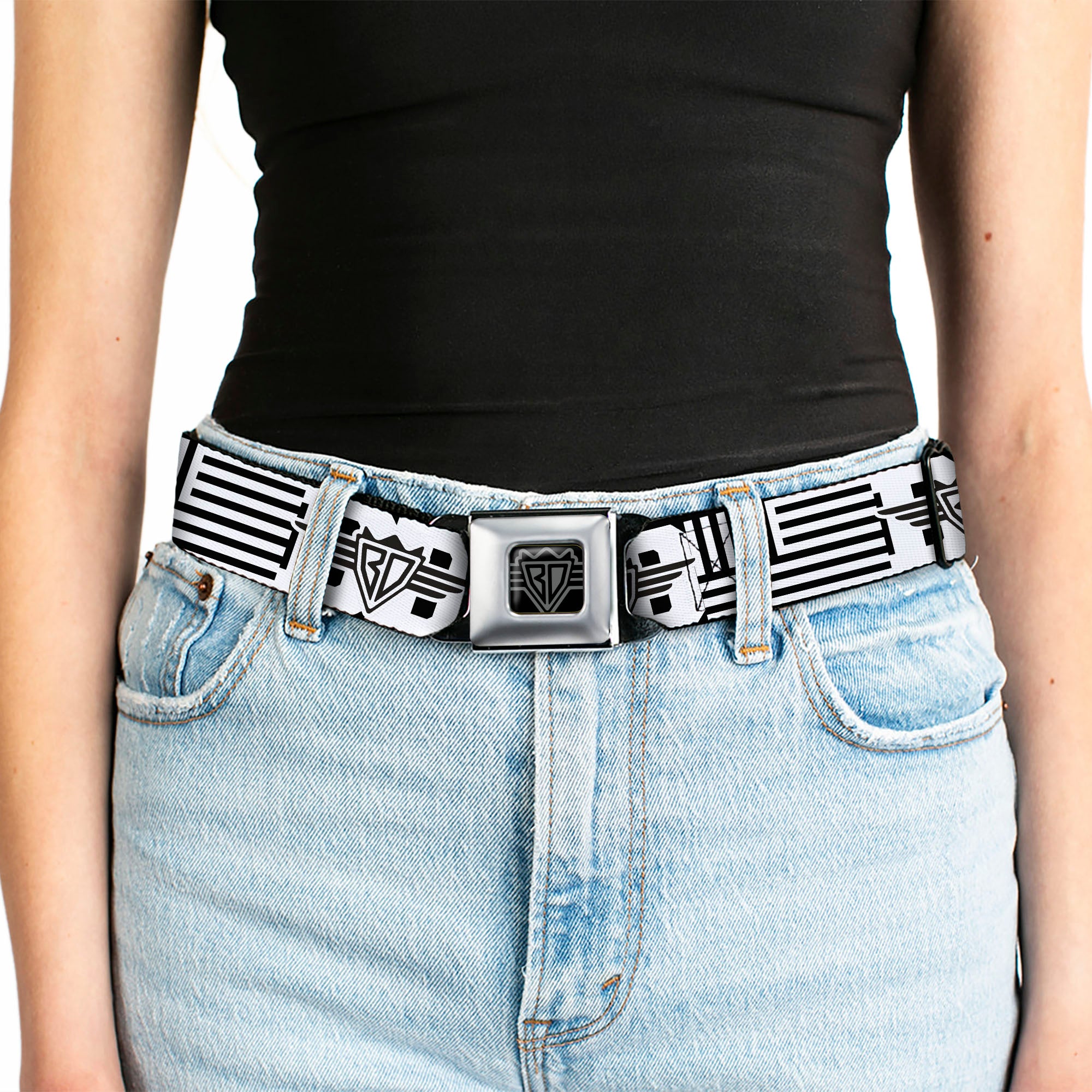 BD Wings Logo CLOSE-UP Full Color Black Silver Seatbelt Belt - BD Logo/American Stripe Flag White/Black Webbing Seatbelt Belts Buckle-Down