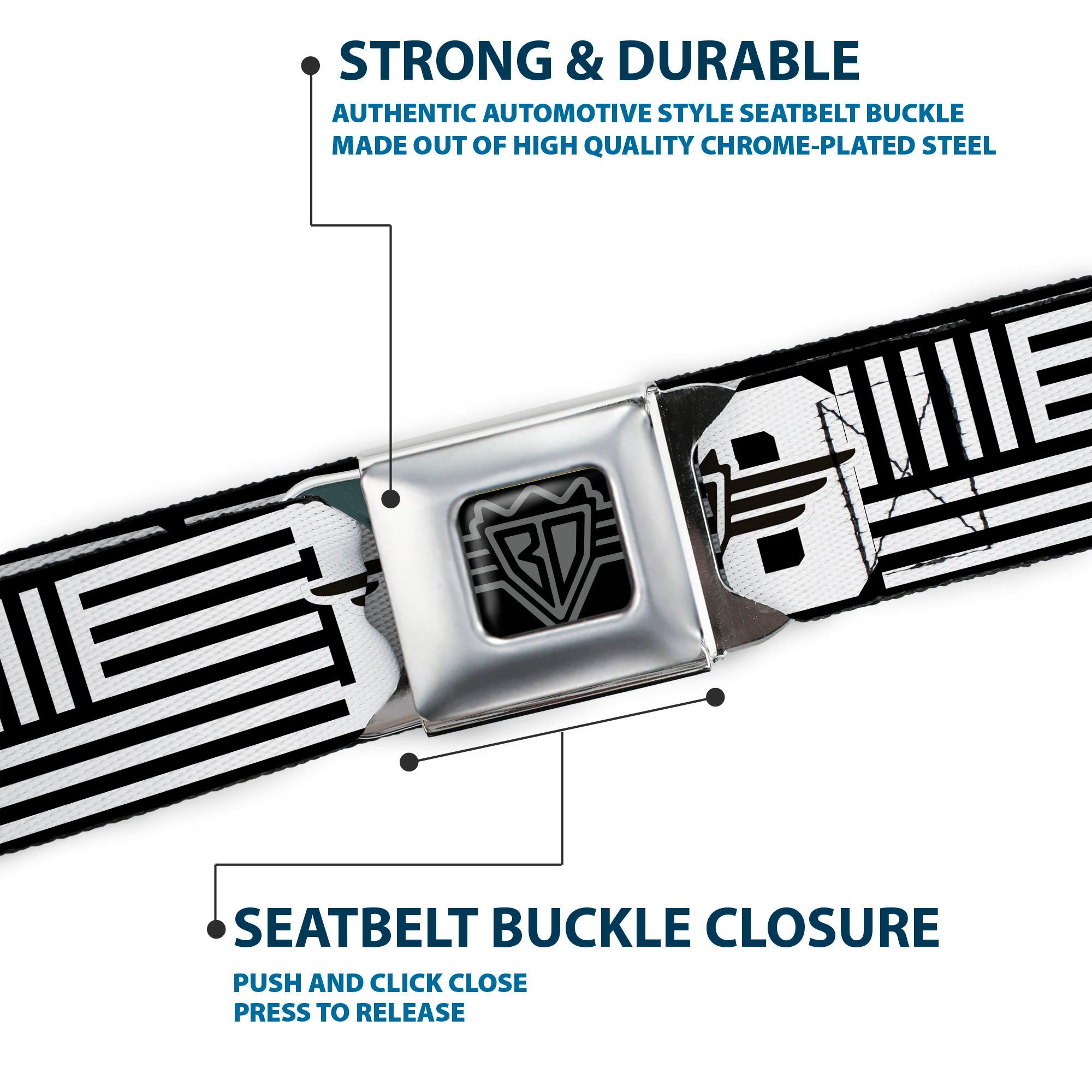 BD Wings Logo CLOSE-UP Full Color Black Silver Seatbelt Belt - BD Logo/American Stripe Flag White/Black Webbing Seatbelt Belts Buckle-Down