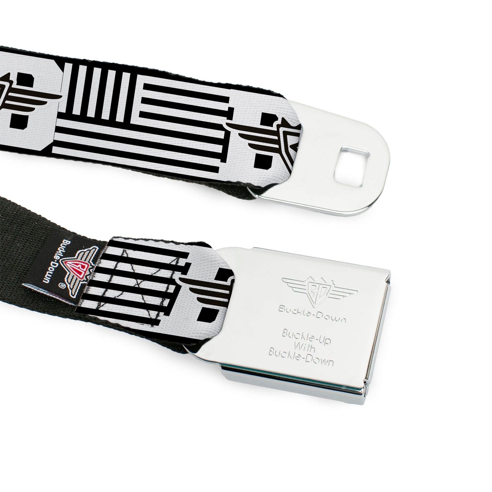 BD Wings Logo CLOSE-UP Full Color Black Silver Seatbelt Belt - BD Logo/American Stripe Flag White/Black Webbing Seatbelt Belts Buckle-Down
