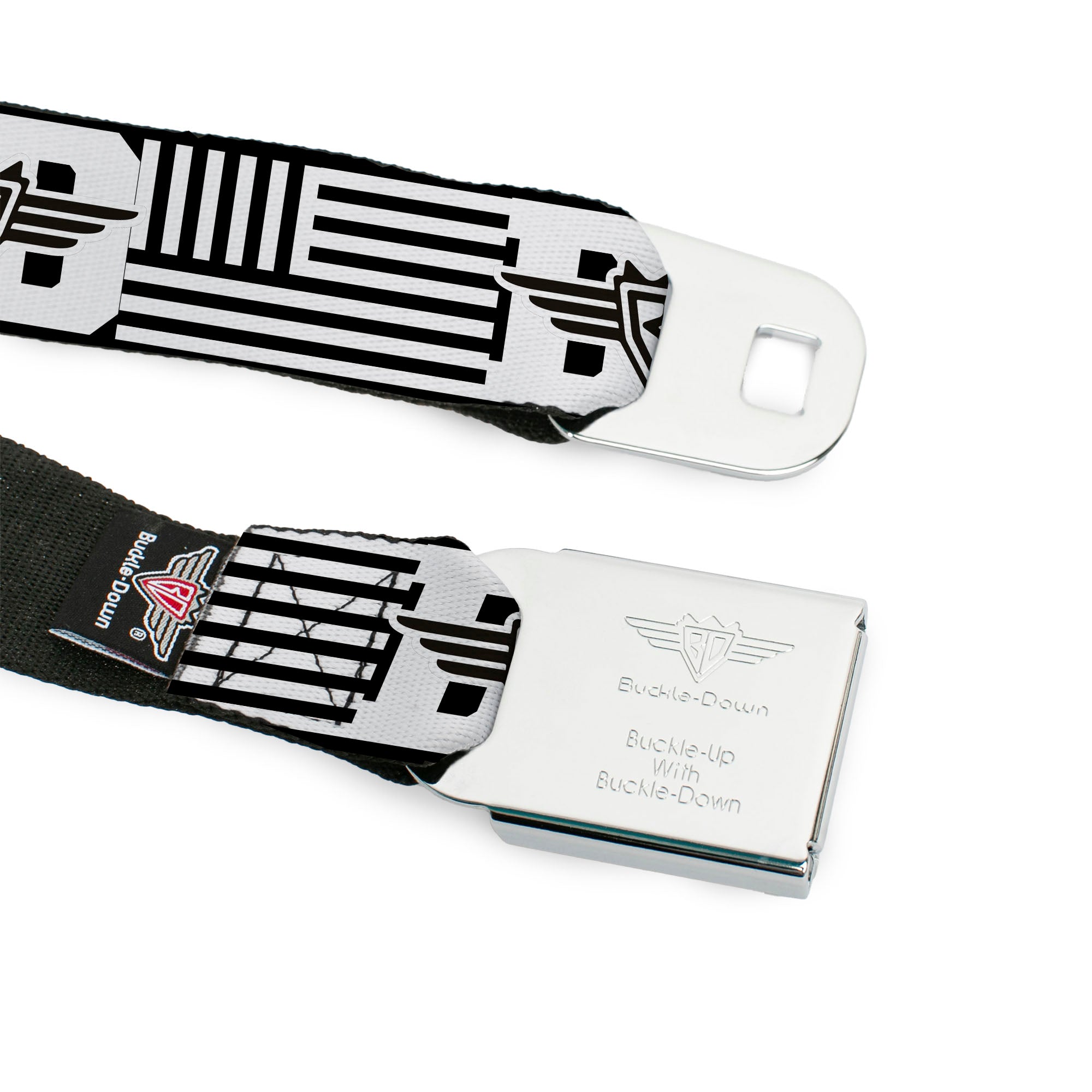 BD Wings Logo CLOSE-UP Full Color Black Silver Seatbelt Belt - BD Logo/American Stripe Flag White/Black Webbing Seatbelt Belts Buckle-Down