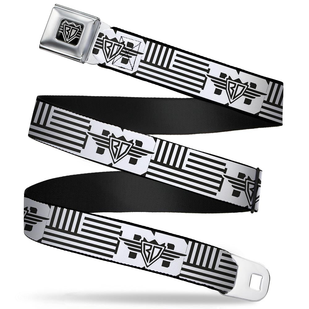 BD Wings Logo CLOSE-UP Full Color Black Silver Seatbelt Belt - BD Logo/American Stripe Flag White/Black Webbing Seatbelt Belts Buckle-Down