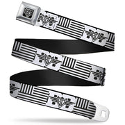 BD Wings Logo CLOSE-UP Full Color Black Silver Seatbelt Belt - BD Logo/American Stripe Flag White/Black Webbing Seatbelt Belts Buckle-Down