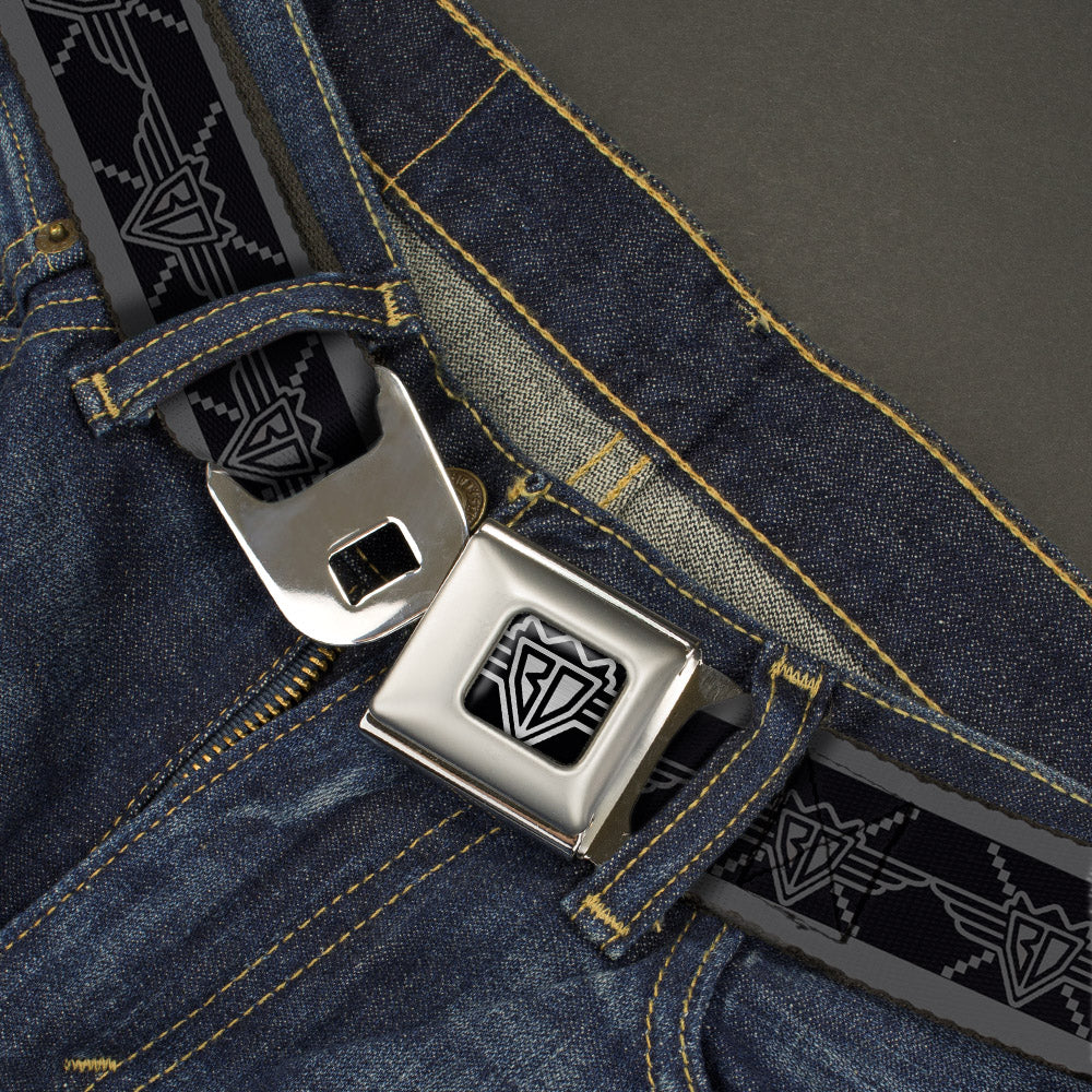 BD Wings Logo CLOSE-UP Full Color Black Silver Seatbelt Belt - BD Monogram2 Black/Gray Webbing Seatbelt Belts Buckle-Down