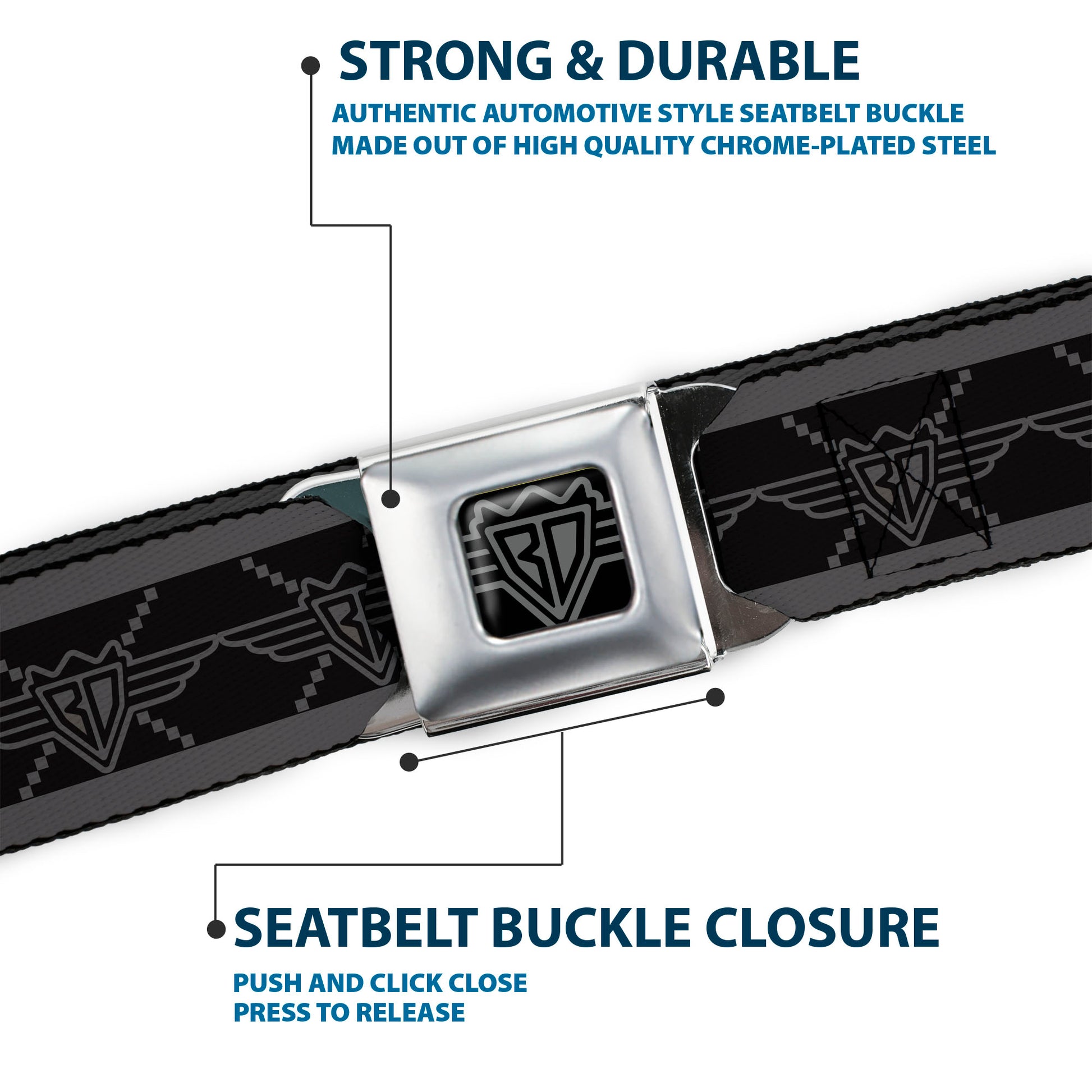 BD Wings Logo CLOSE-UP Full Color Black Silver Seatbelt Belt - BD Monogram2 Black/Gray Webbing Seatbelt Belts Buckle-Down