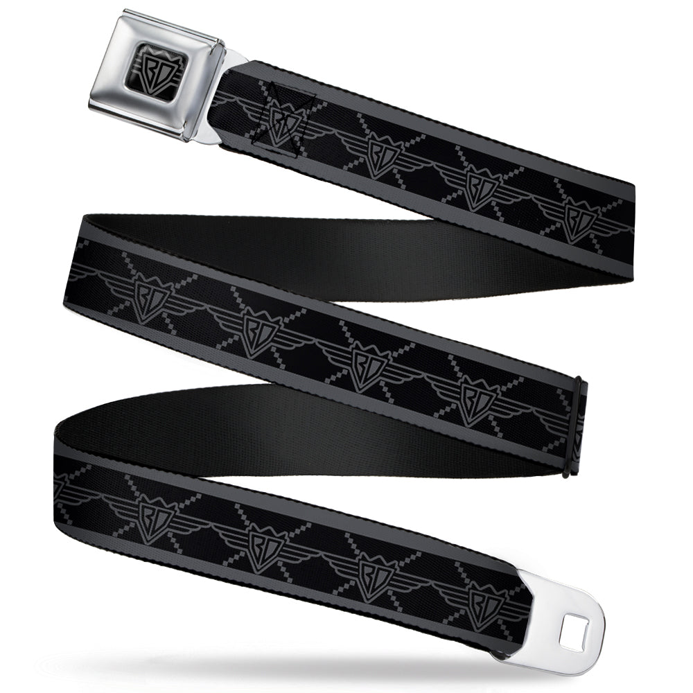 BD Wings Logo CLOSE-UP Full Color Black Silver Seatbelt Belt - BD Monogram2 Black/Gray Webbing Seatbelt Belts Buckle-Down