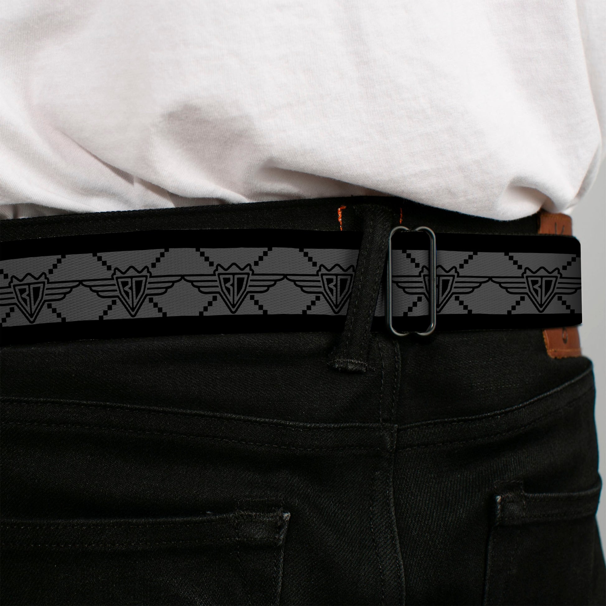 BD Wings Logo CLOSE-UP Full Color Black Silver Seatbelt Belt - BD Monogram2 Gray/Black Webbing Seatbelt Belts Buckle-Down