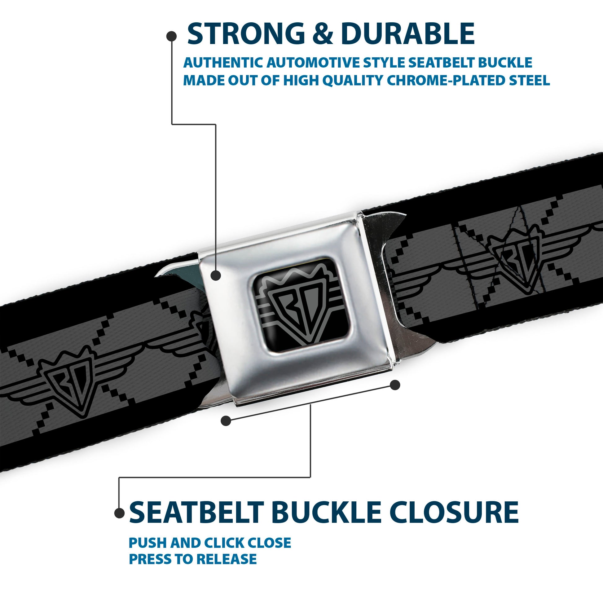 BD Wings Logo CLOSE-UP Full Color Black Silver Seatbelt Belt - BD Monogram2 Gray/Black Webbing Seatbelt Belts Buckle-Down