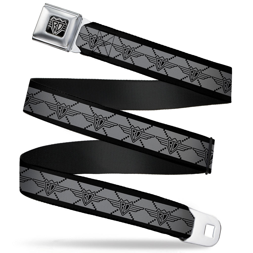 BD Wings Logo CLOSE-UP Full Color Black Silver Seatbelt Belt - BD Monogram2 Gray/Black Webbing Seatbelt Belts Buckle-Down