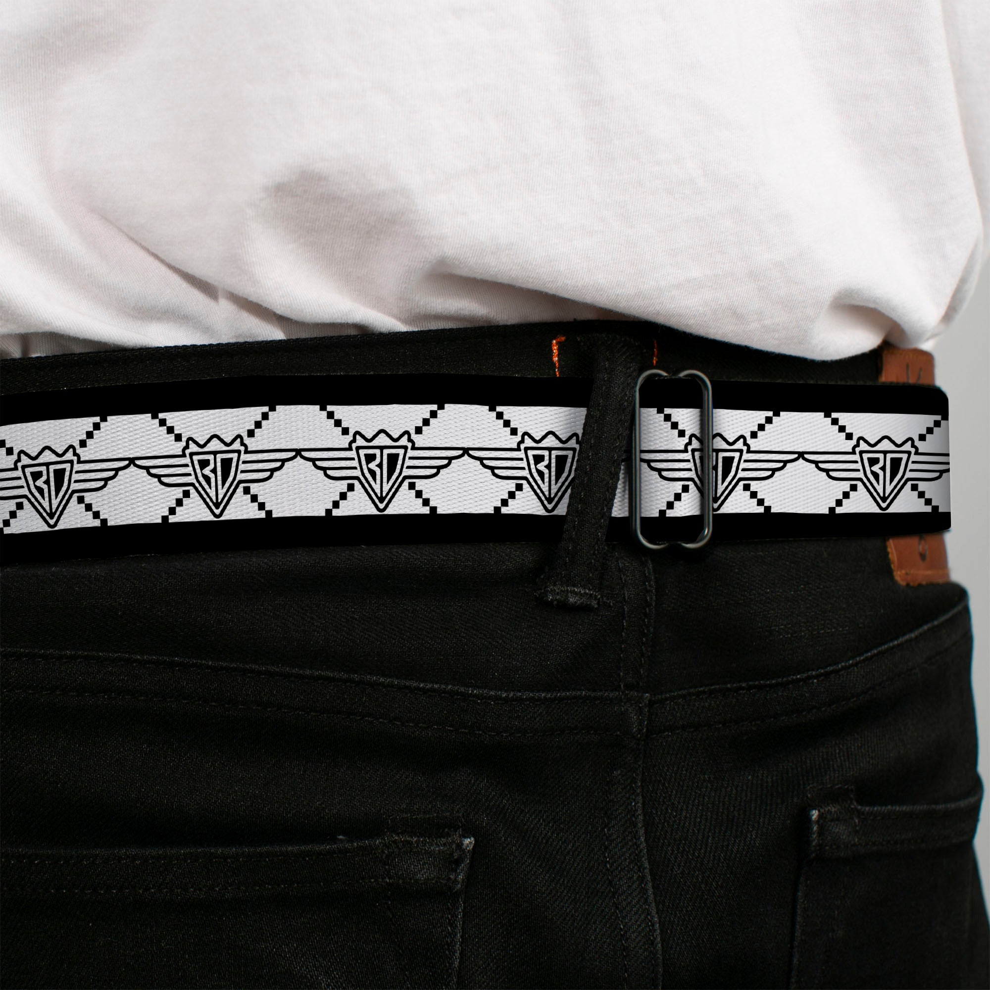 BD Wings Logo CLOSE-UP Full Color Black Silver Seatbelt Belt - BD Monogram2 White/Black Webbing Seatbelt Belts Buckle-Down