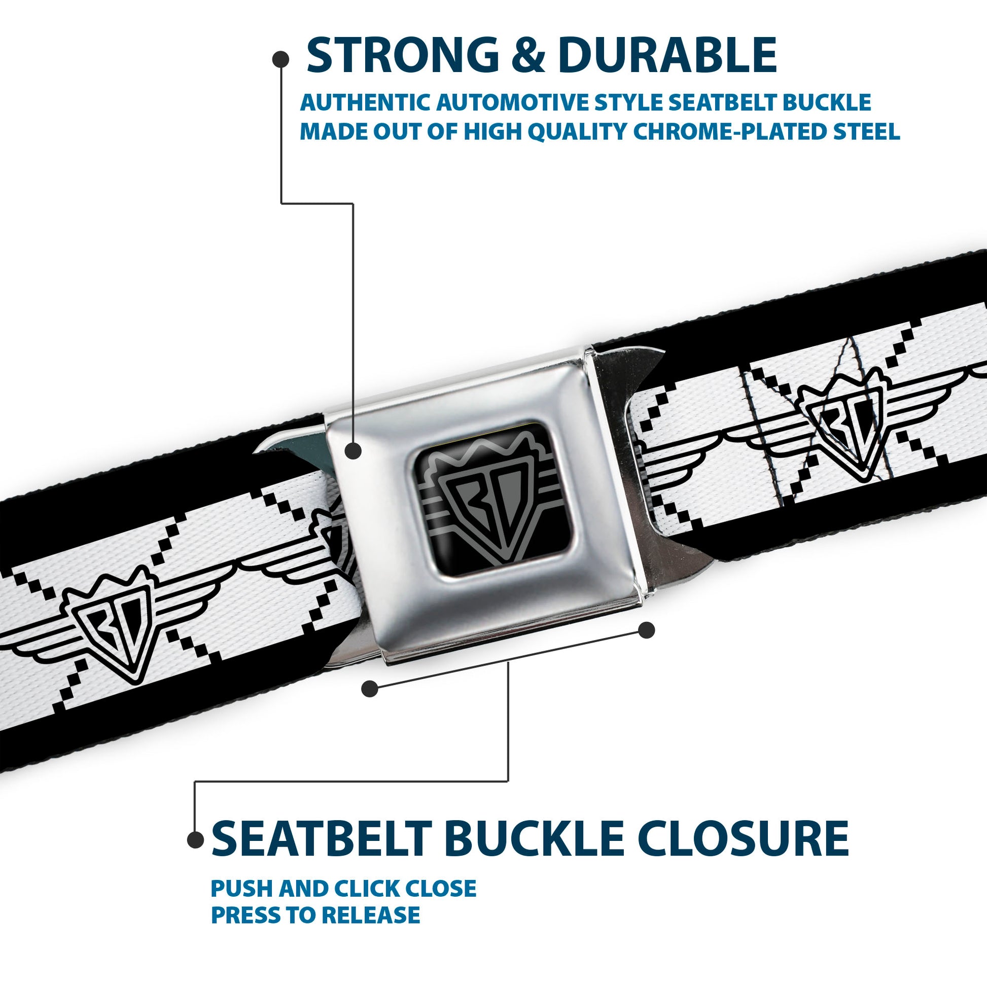 BD Wings Logo CLOSE-UP Full Color Black Silver Seatbelt Belt - BD Monogram2 White/Black Webbing Seatbelt Belts Buckle-Down
