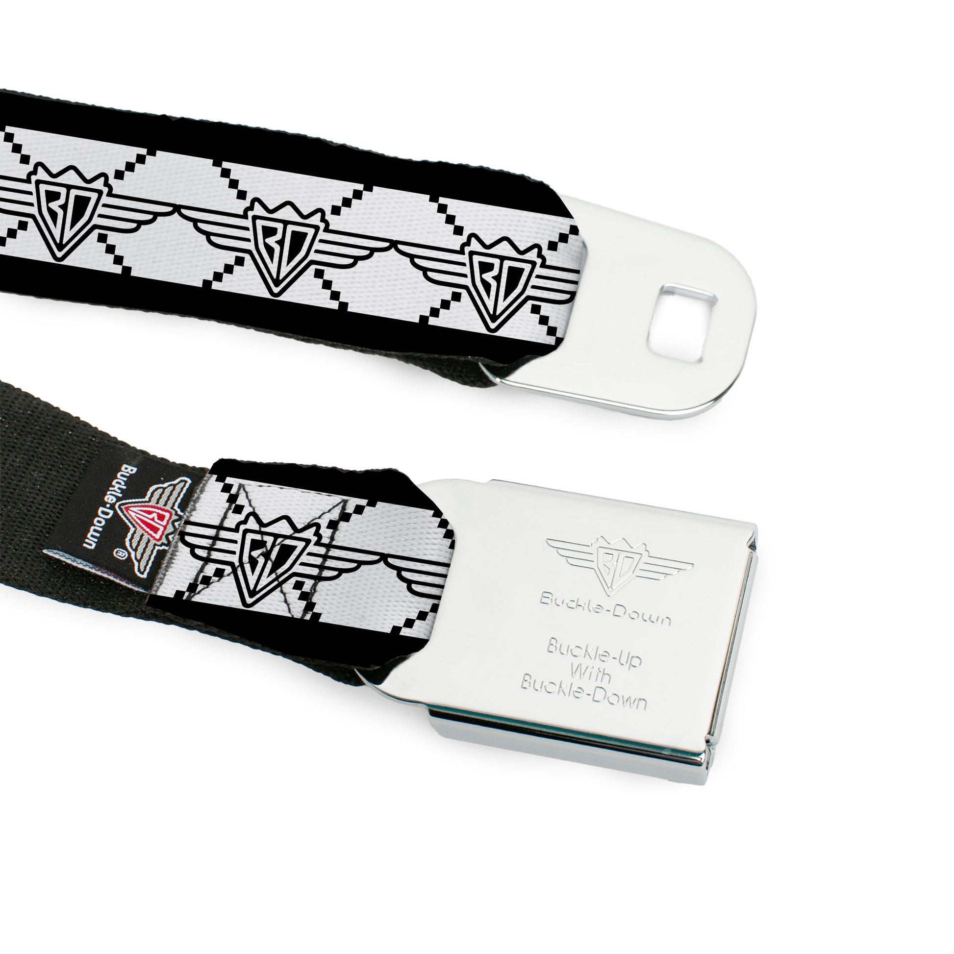 BD Wings Logo CLOSE-UP Full Color Black Silver Seatbelt Belt - BD Monogram2 White/Black Webbing Seatbelt Belts Buckle-Down