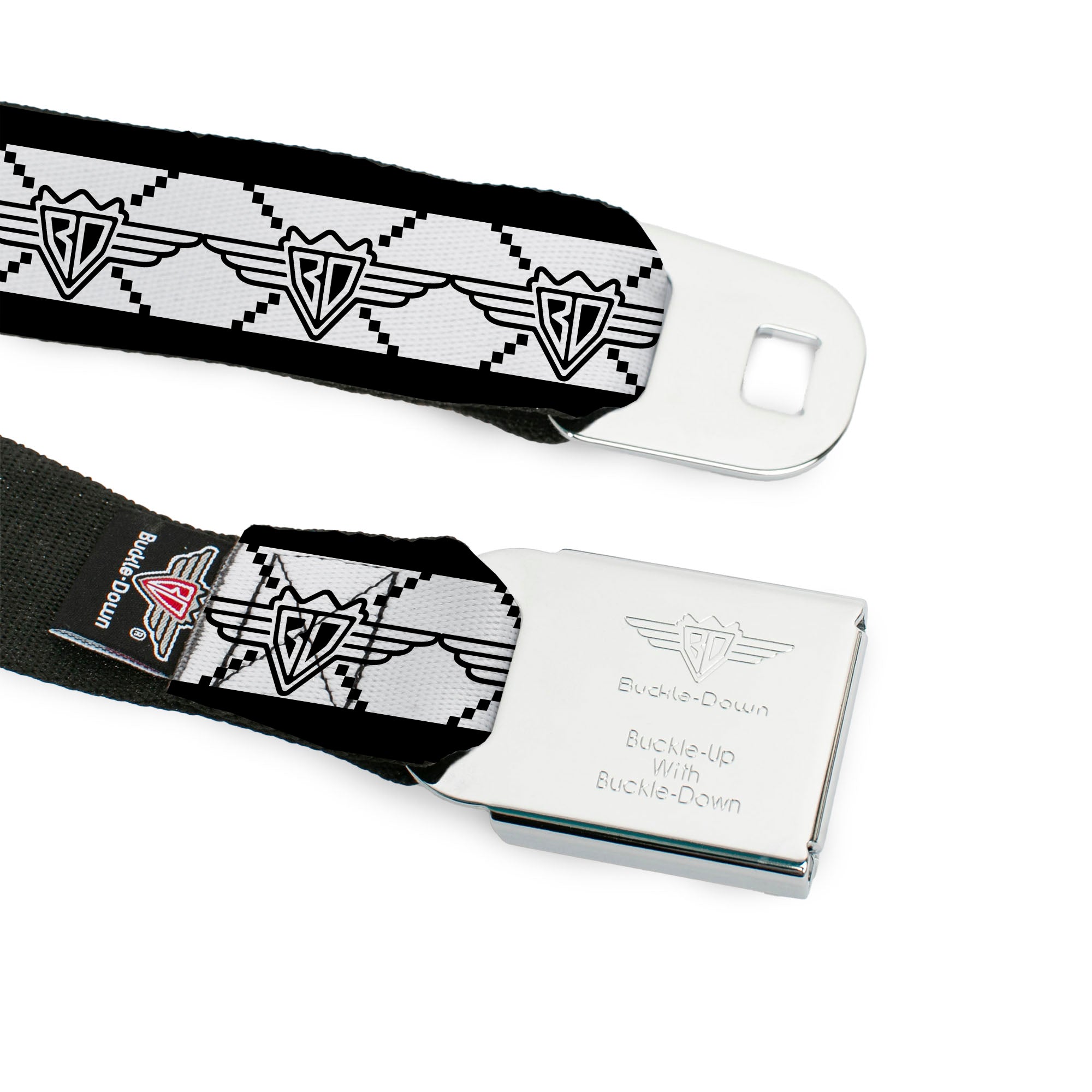BD Wings Logo CLOSE-UP Full Color Black Silver Seatbelt Belt - BD Monogram2 White/Black Webbing Seatbelt Belts Buckle-Down