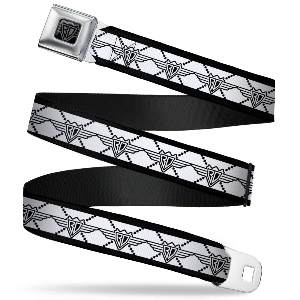 BD Wings Logo CLOSE-UP Full Color Black Silver Seatbelt Belt - BD Monogram2 White/Black Webbing Seatbelt Belts Buckle-Down