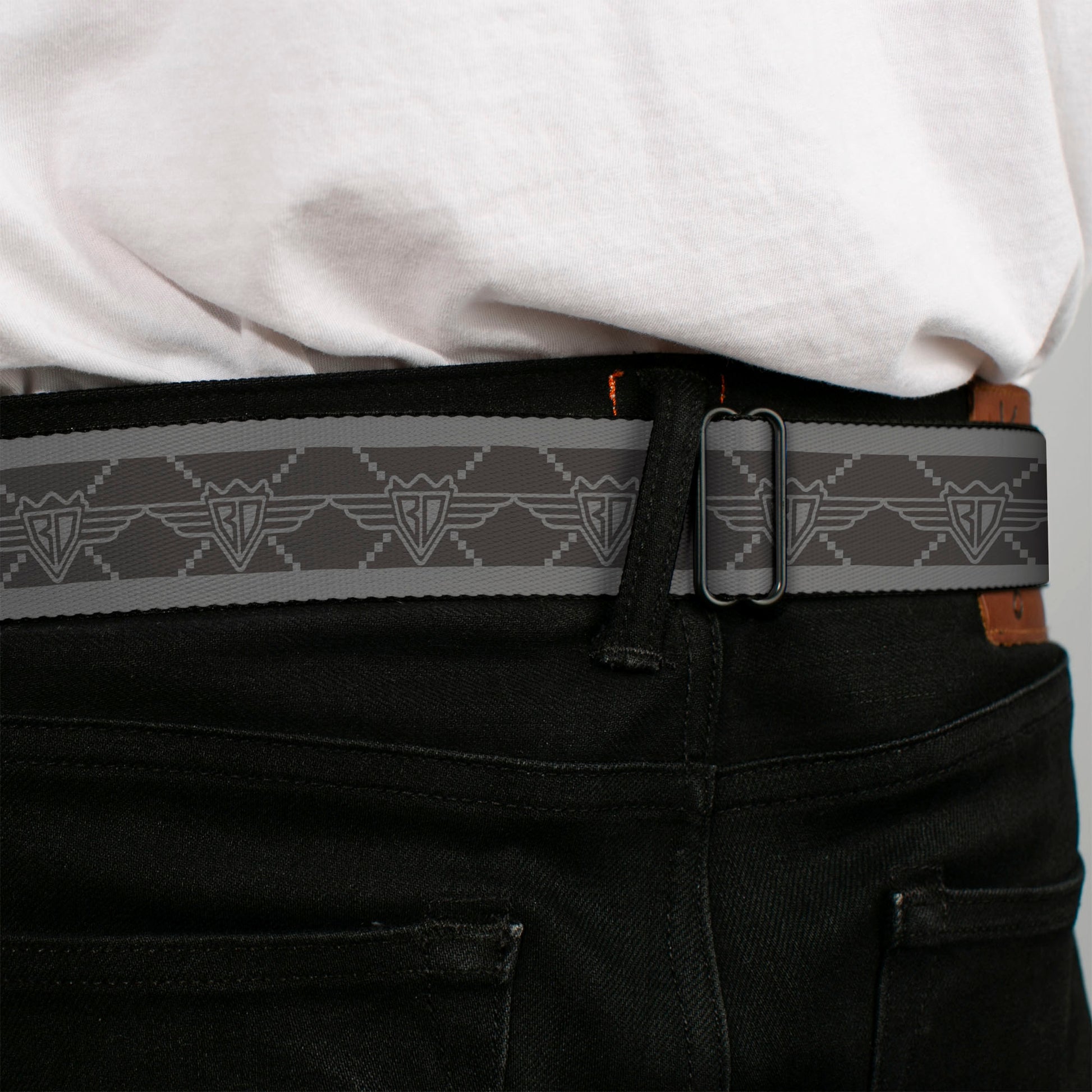 BD Wings Logo CLOSE-UP Full Color Black Silver Seatbelt Belt - BD Monogram2 Grays Webbing Seatbelt Belts Buckle-Down