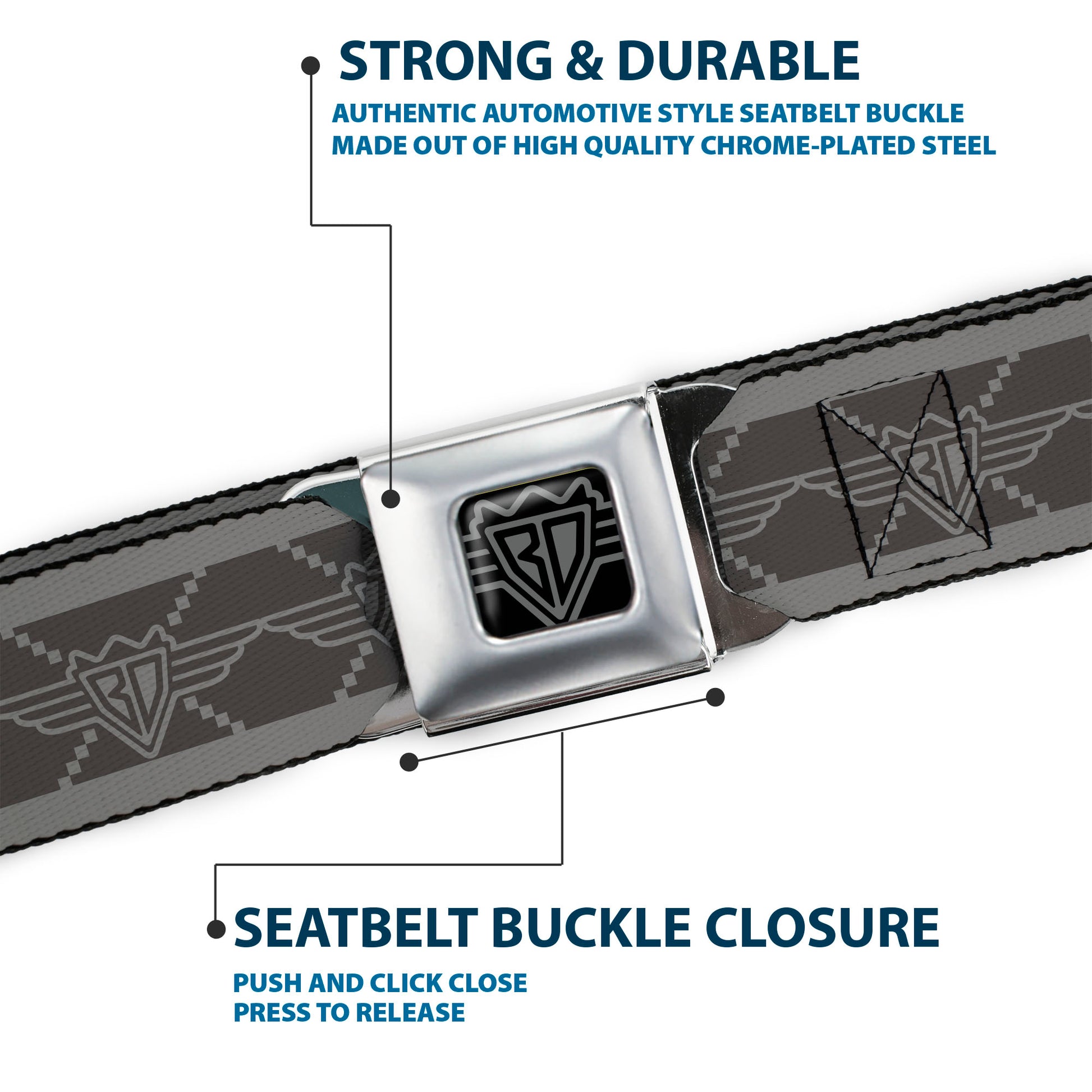 BD Wings Logo CLOSE-UP Full Color Black Silver Seatbelt Belt - BD Monogram2 Grays Webbing Seatbelt Belts Buckle-Down