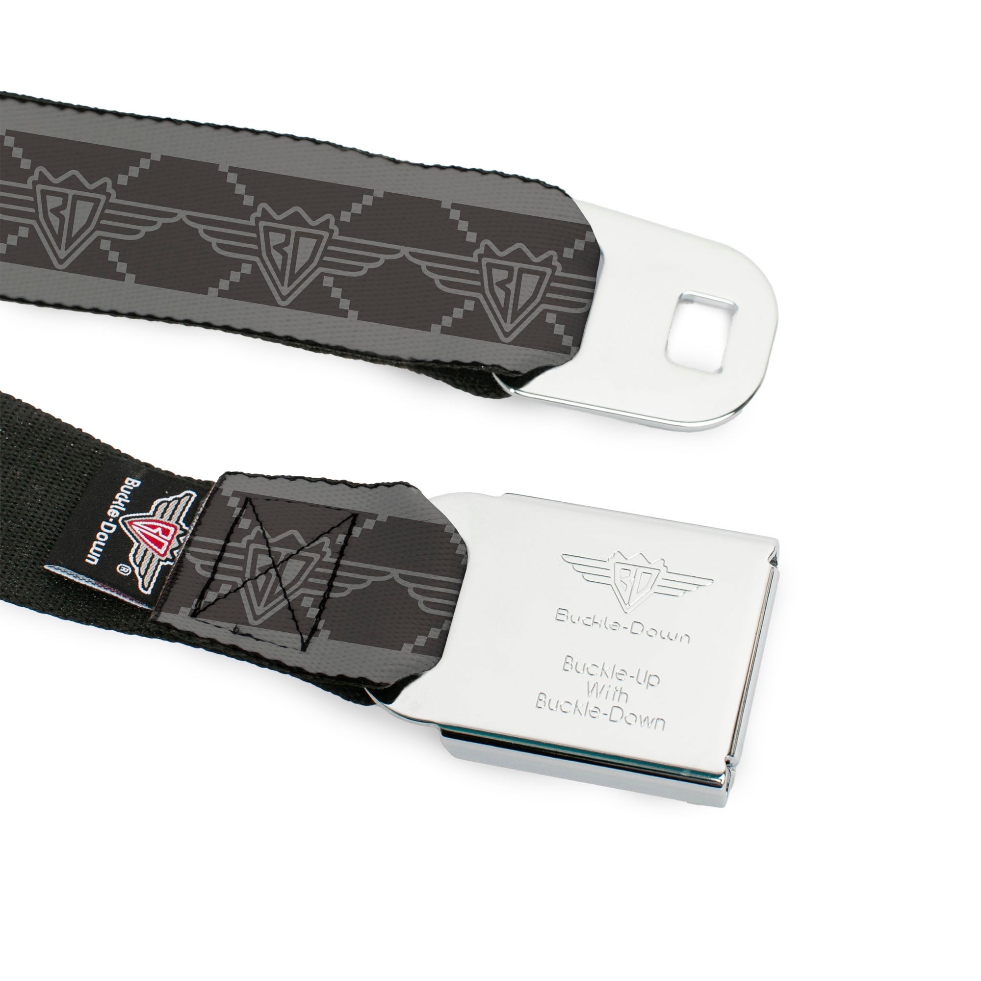BD Wings Logo CLOSE-UP Full Color Black Silver Seatbelt Belt - BD Monogram2 Grays Webbing Seatbelt Belts Buckle-Down