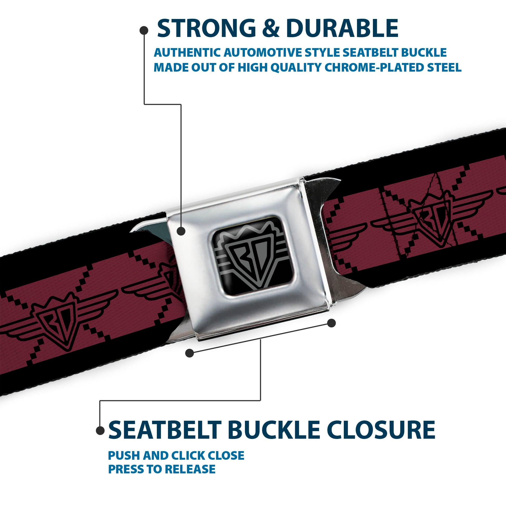 BD Wings Logo CLOSE-UP Full Color Black Silver Seatbelt Belt - BD Monogram2 Red/Black Webbing Seatbelt Belts Buckle-Down