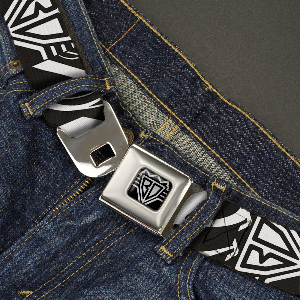 BD Wings Logo CLOSE-UP Full Color Black Silver Seatbelt Belt - BD Logo/BUCKLE-DOWN Script Black/White Webbing Seatbelt Belts Buckle-Down