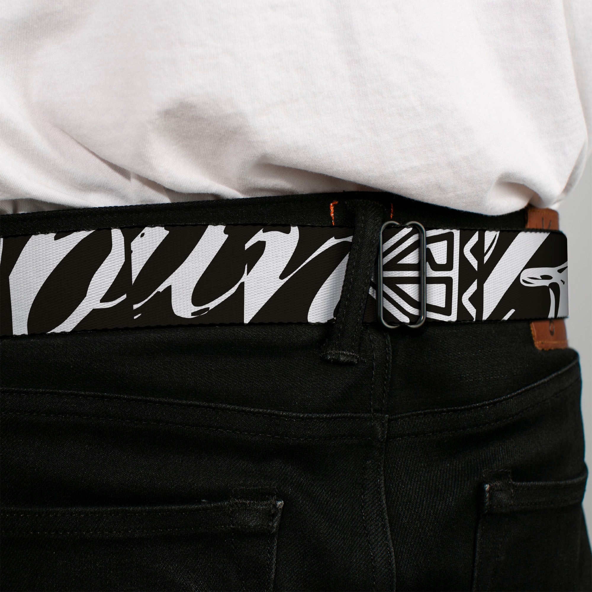 BD Wings Logo CLOSE-UP Full Color Black Silver Seatbelt Belt - BD Logo/BUCKLE-DOWN Script Black/White Webbing Seatbelt Belts Buckle-Down