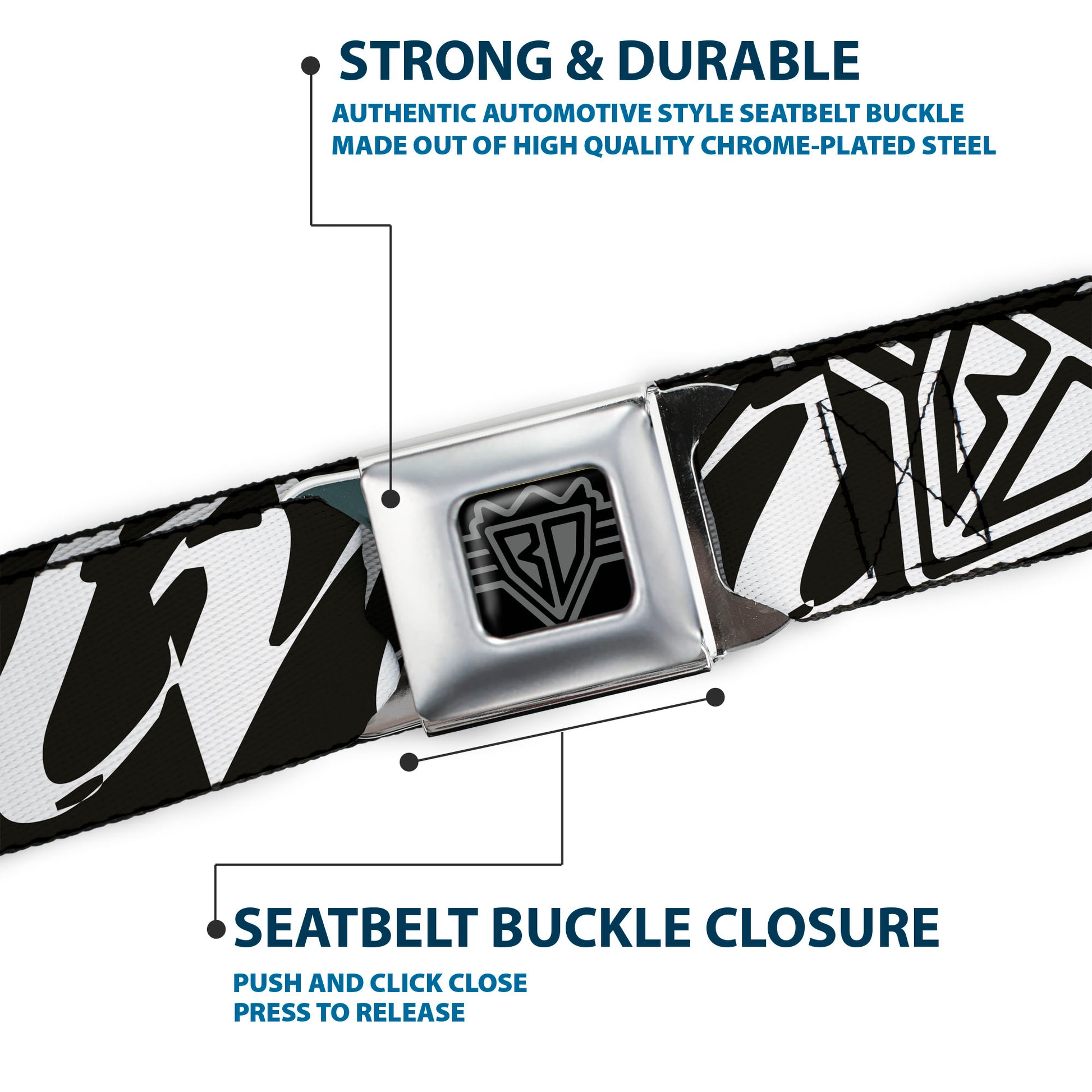 BD Wings Logo CLOSE-UP Full Color Black Silver Seatbelt Belt - BD Logo/BUCKLE-DOWN Script Black/White Webbing Seatbelt Belts Buckle-Down