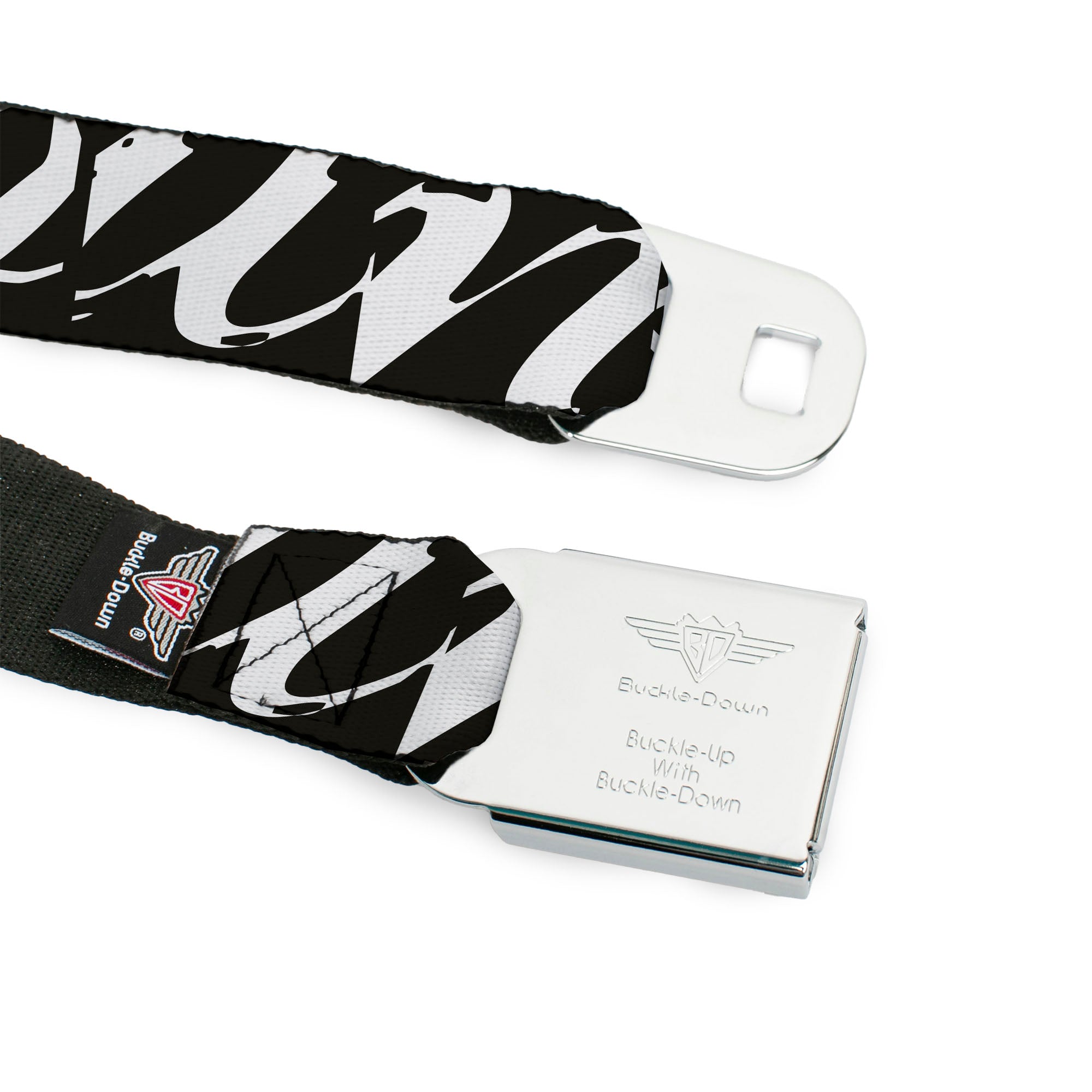 BD Wings Logo CLOSE-UP Full Color Black Silver Seatbelt Belt - BD Logo/BUCKLE-DOWN Script Black/White Webbing Seatbelt Belts Buckle-Down