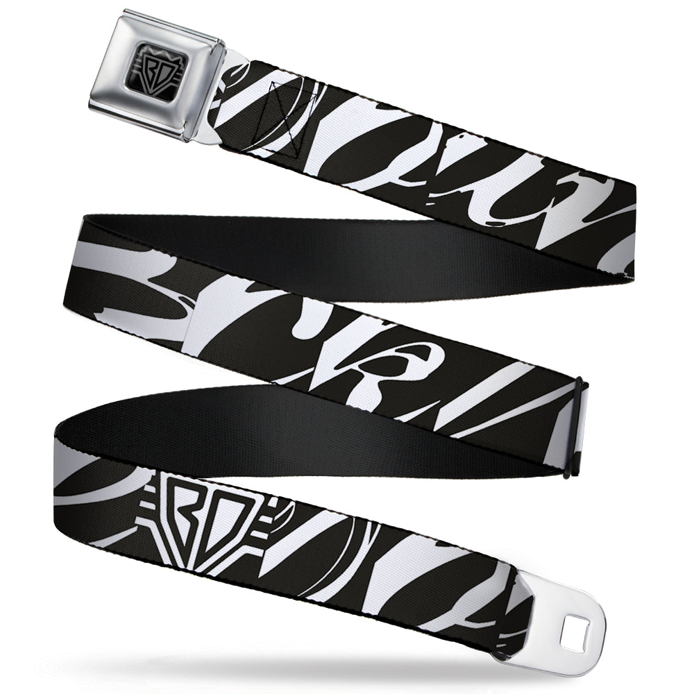 BD Wings Logo CLOSE-UP Full Color Black Silver Seatbelt Belt - BD Logo/BUCKLE-DOWN Script Black/White Webbing Seatbelt Belts Buckle-Down