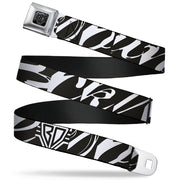 BD Wings Logo CLOSE-UP Full Color Black Silver Seatbelt Belt - BD Logo/BUCKLE-DOWN Script Black/White Webbing Seatbelt Belts Buckle-Down