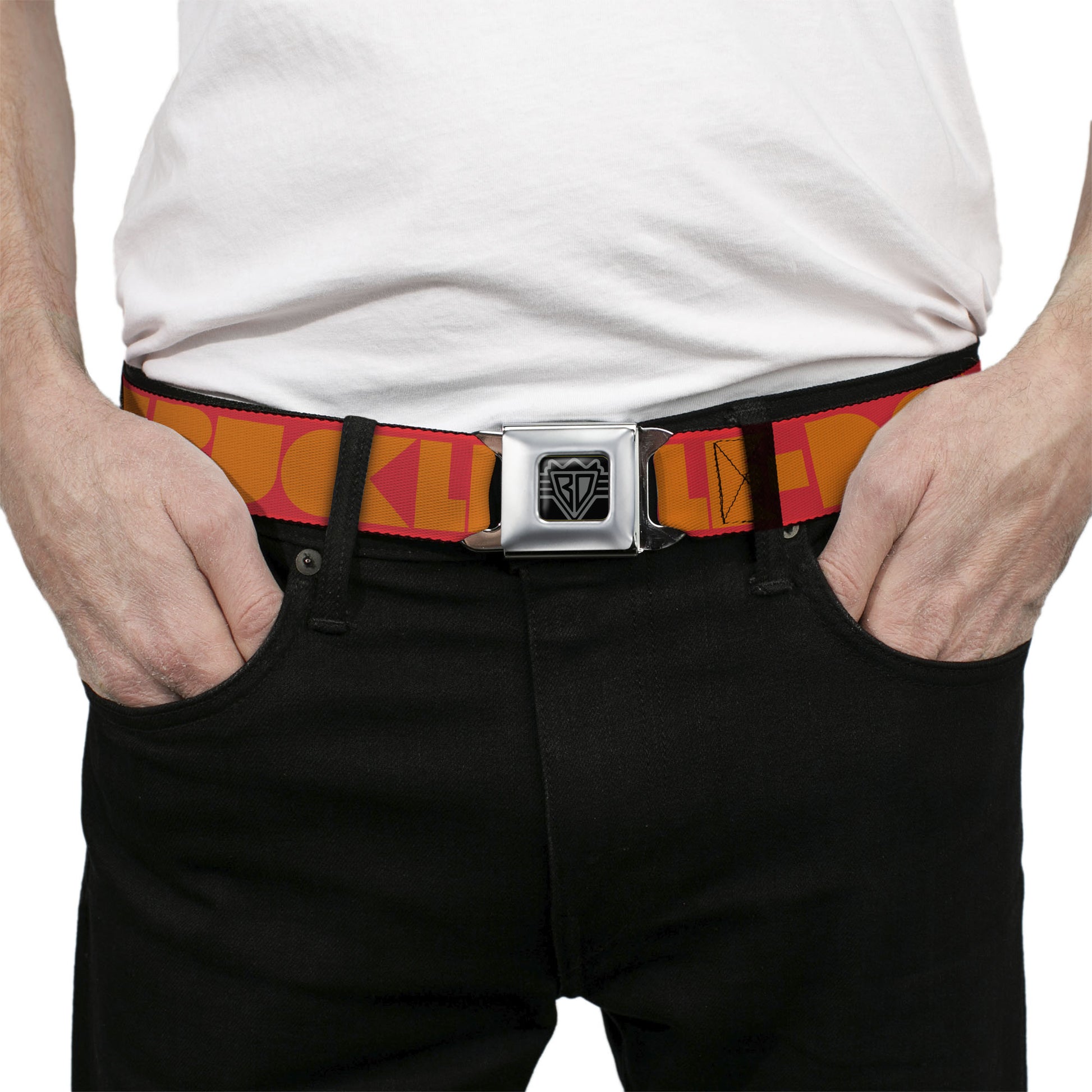 BD Wings Logo CLOSE-UP Full Color Black Silver Seatbelt Belt - BUCKLE-DOWN Shapes Red/Orange Webbing Seatbelt Belts Buckle-Down