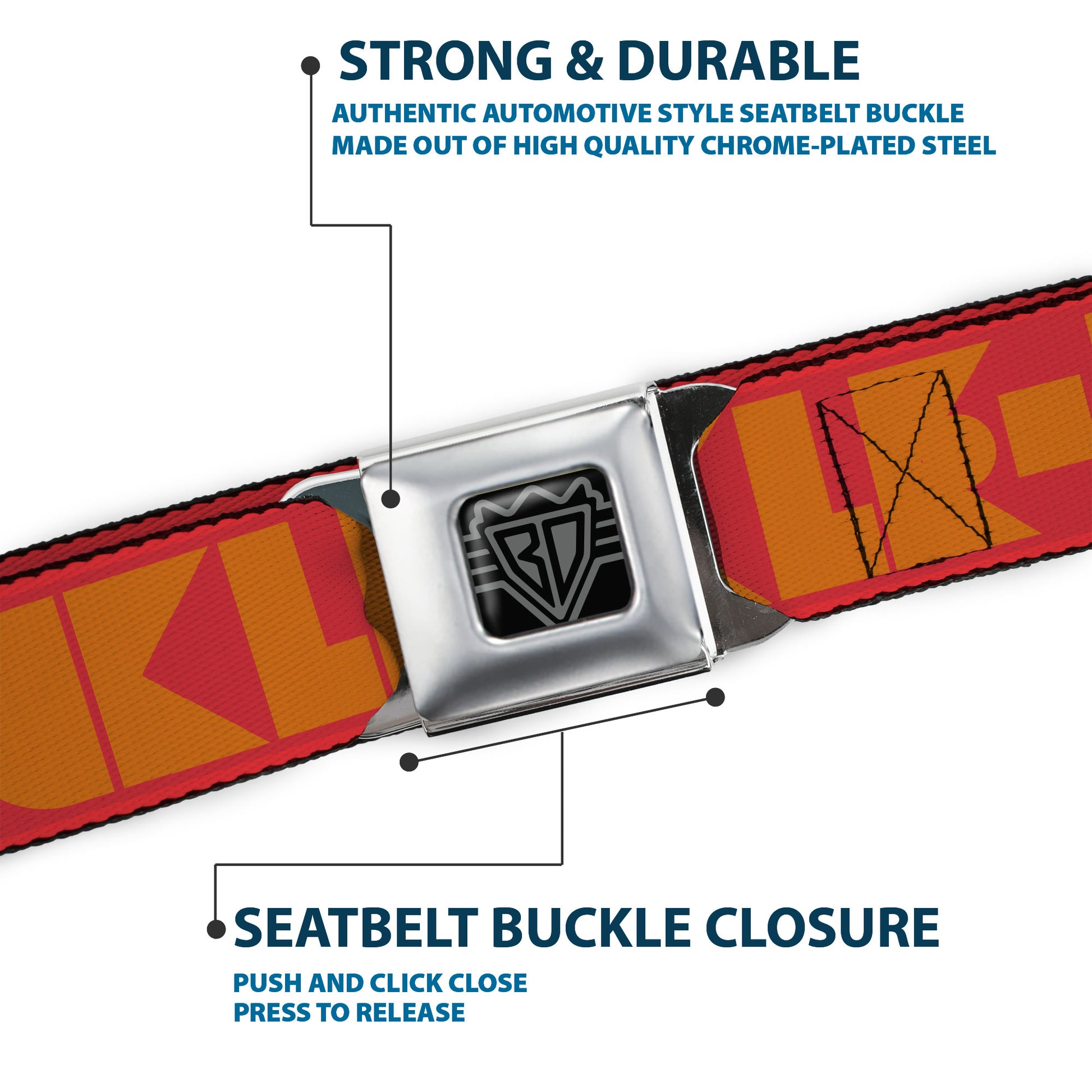BD Wings Logo CLOSE-UP Full Color Black Silver Seatbelt Belt - BUCKLE-DOWN Shapes Red/Orange Webbing Seatbelt Belts Buckle-Down