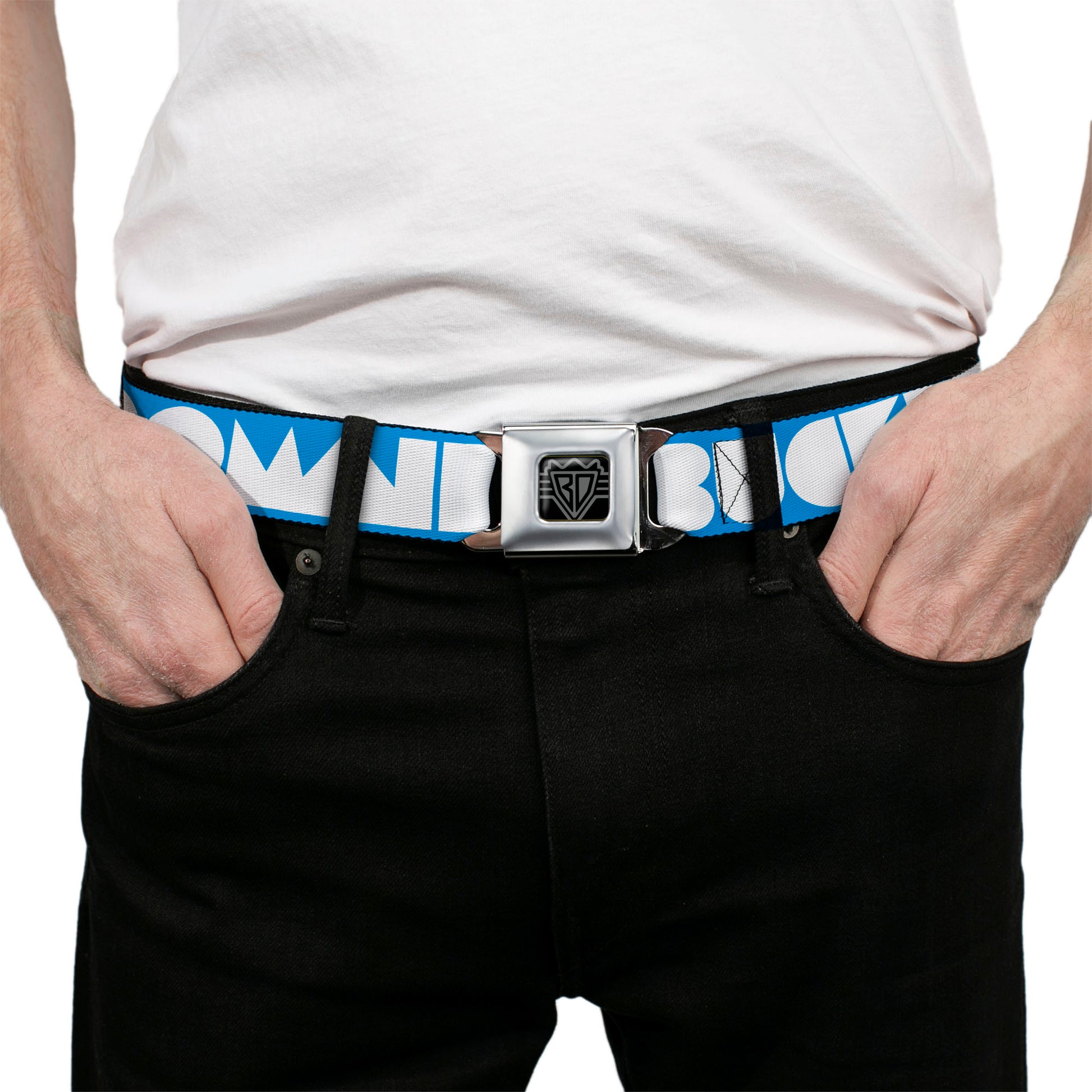 BD Wings Logo CLOSE-UP Full Color Black Silver Seatbelt Belt - BUCKLE-DOWN Shapes Turquoise/White Webbing Seatbelt Belts Buckle-Down