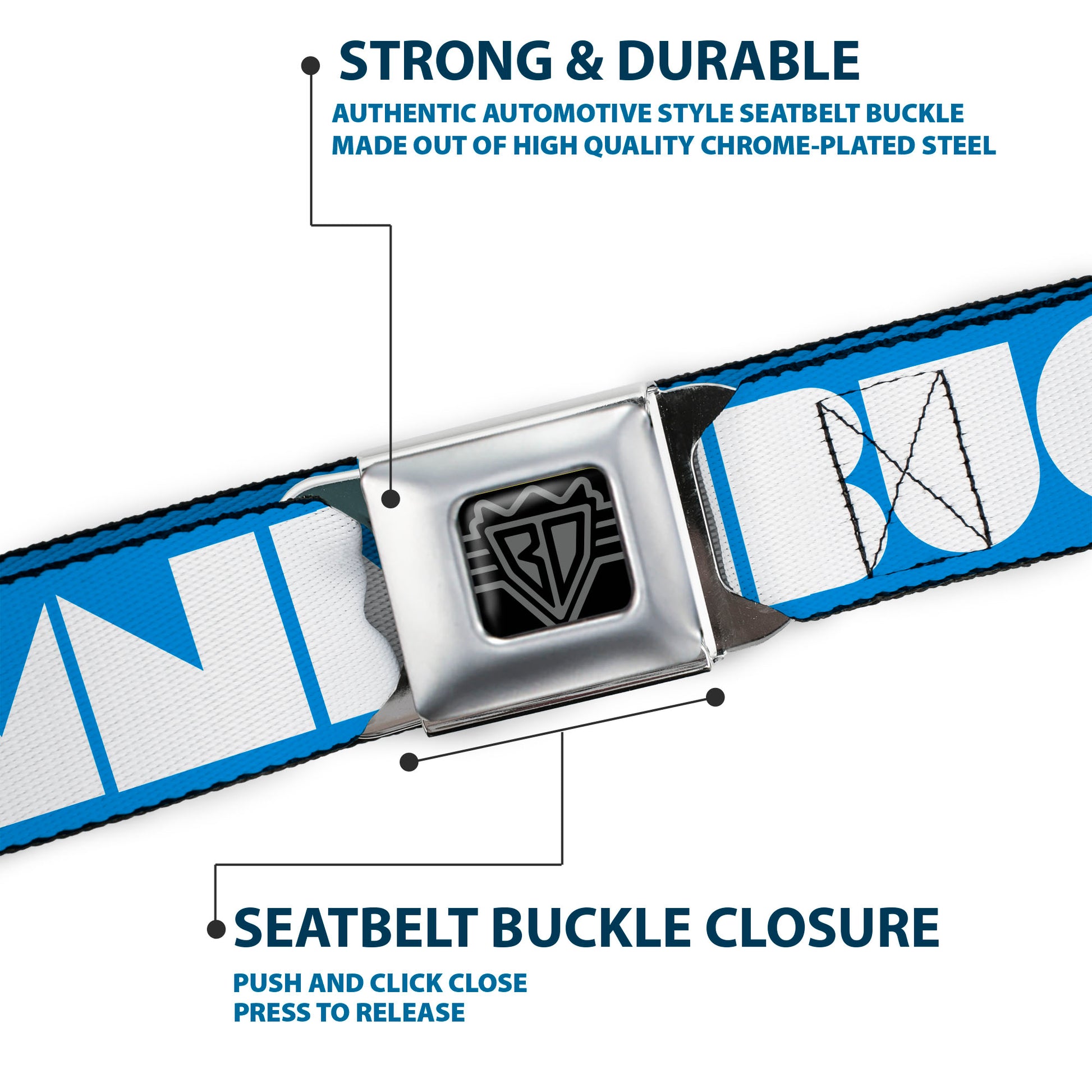 BD Wings Logo CLOSE-UP Full Color Black Silver Seatbelt Belt - BUCKLE-DOWN Shapes Turquoise/White Webbing Seatbelt Belts Buckle-Down