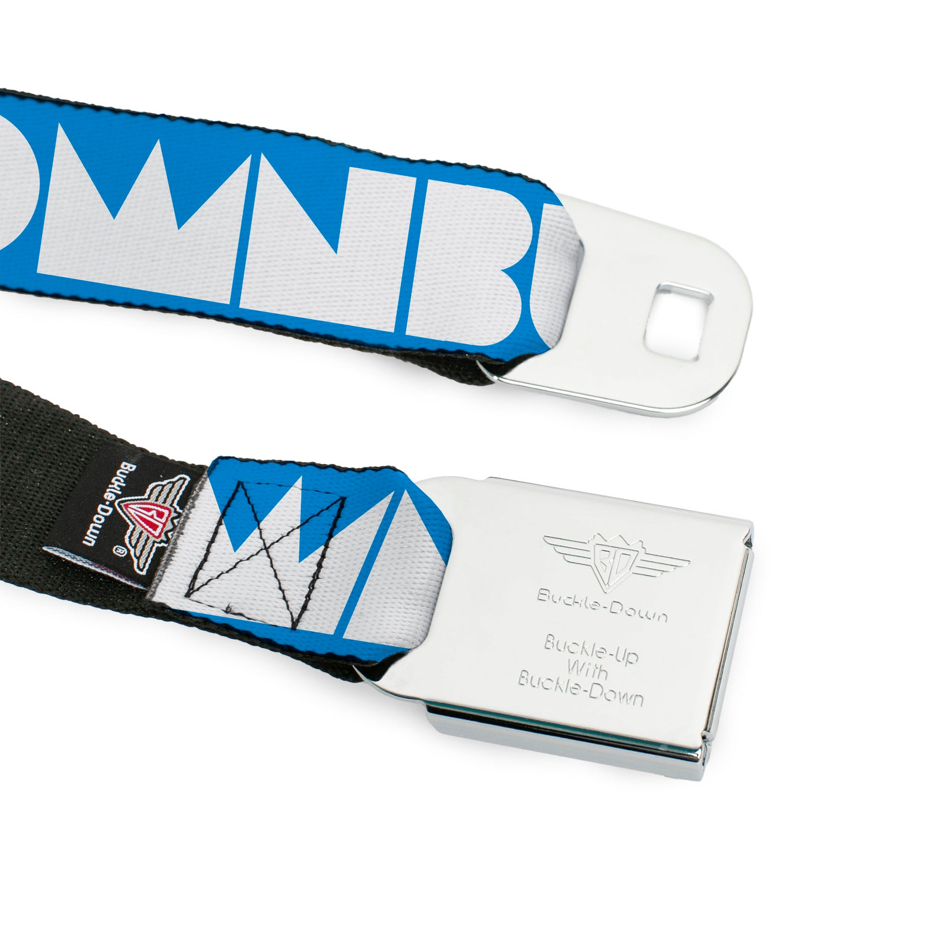 BD Wings Logo CLOSE-UP Full Color Black Silver Seatbelt Belt - BUCKLE-DOWN Shapes Turquoise/White Webbing Seatbelt Belts Buckle-Down