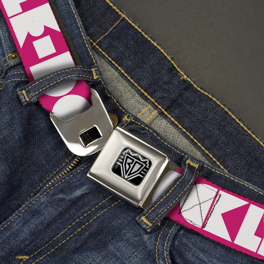 BD Wings Logo CLOSE-UP Full Color Black Silver Seatbelt Belt - BUCKLE-DOWN Shapes Hot Pink/White Webbing Seatbelt Belts Buckle-Down