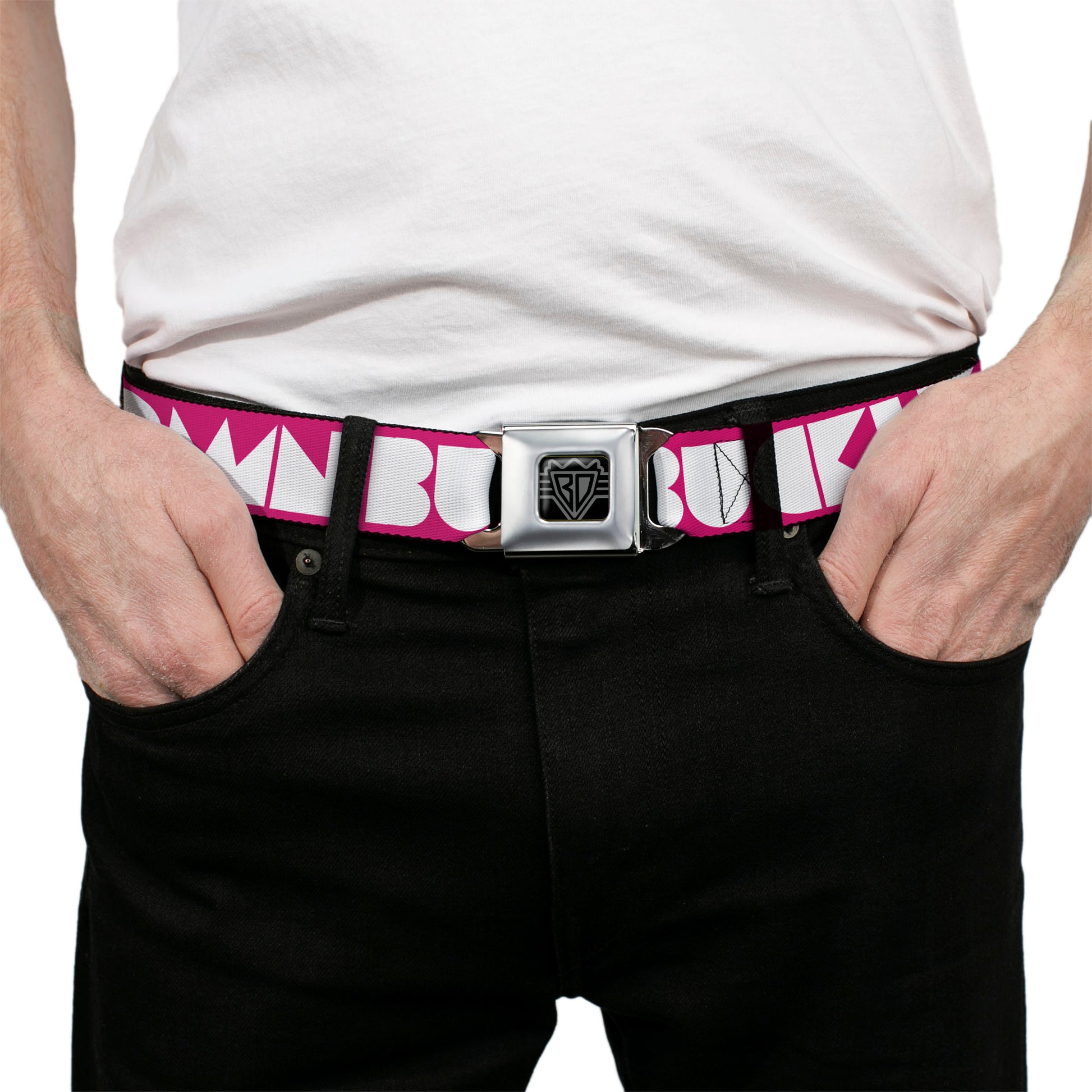 BD Wings Logo CLOSE-UP Full Color Black Silver Seatbelt Belt - BUCKLE-DOWN Shapes Hot Pink/White Webbing Seatbelt Belts Buckle-Down
