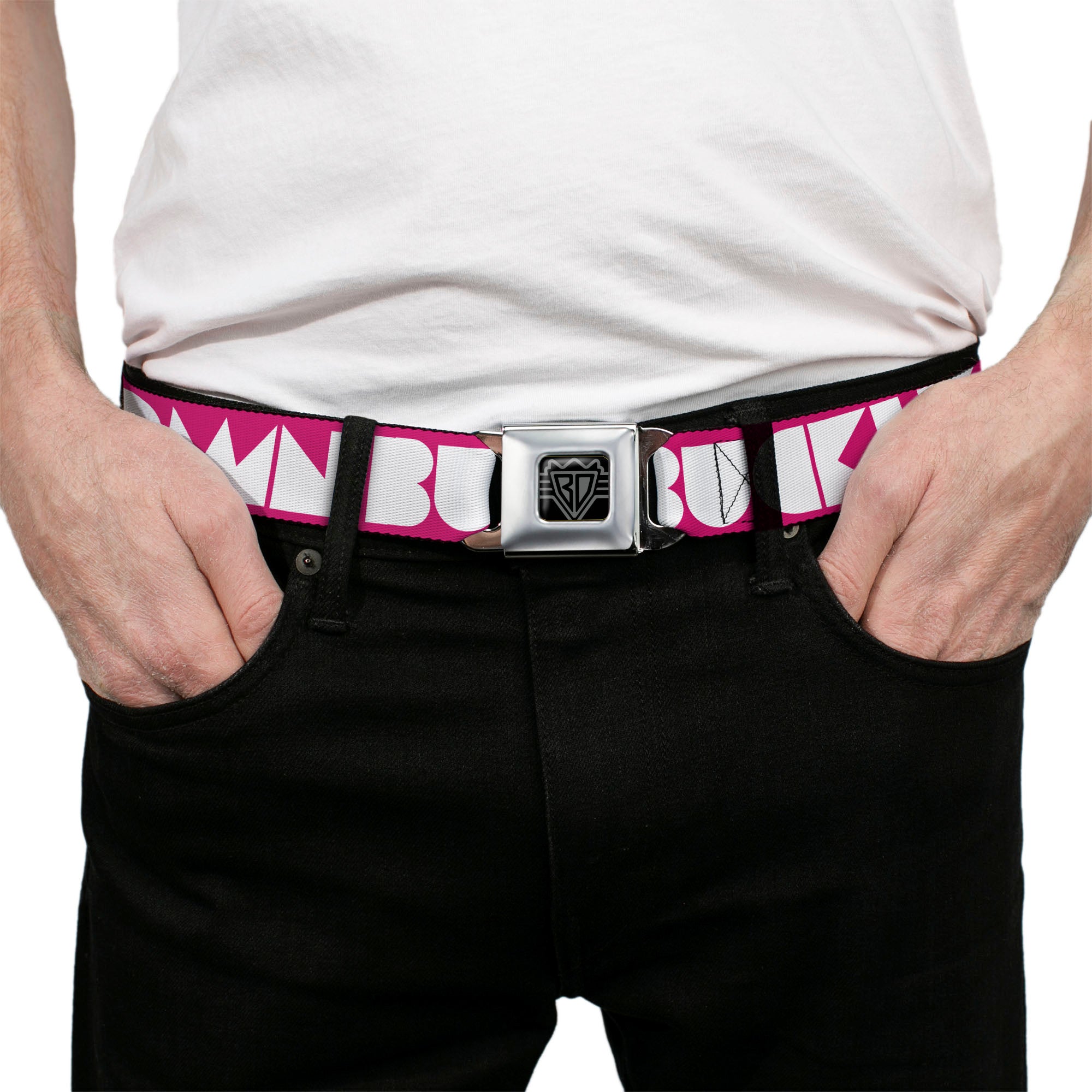BD Wings Logo CLOSE-UP Full Color Black Silver Seatbelt Belt - BUCKLE-DOWN Shapes Hot Pink/White Webbing Seatbelt Belts Buckle-Down