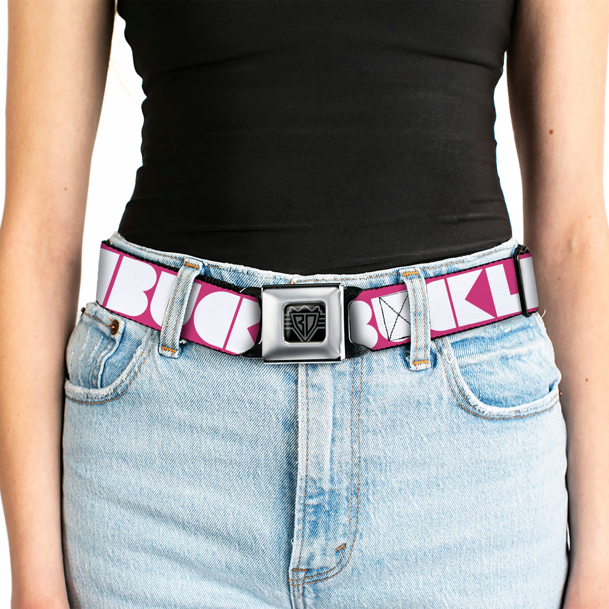 BD Wings Logo CLOSE-UP Full Color Black Silver Seatbelt Belt - BUCKLE-DOWN Shapes Hot Pink/White Webbing Seatbelt Belts Buckle-Down