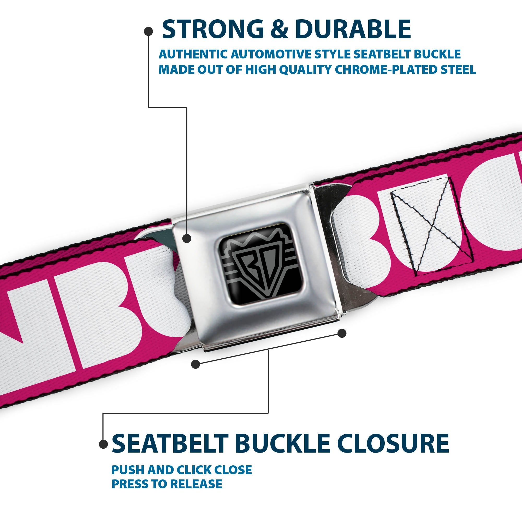 BD Wings Logo CLOSE-UP Full Color Black Silver Seatbelt Belt - BUCKLE-DOWN Shapes Hot Pink/White Webbing Seatbelt Belts Buckle-Down
