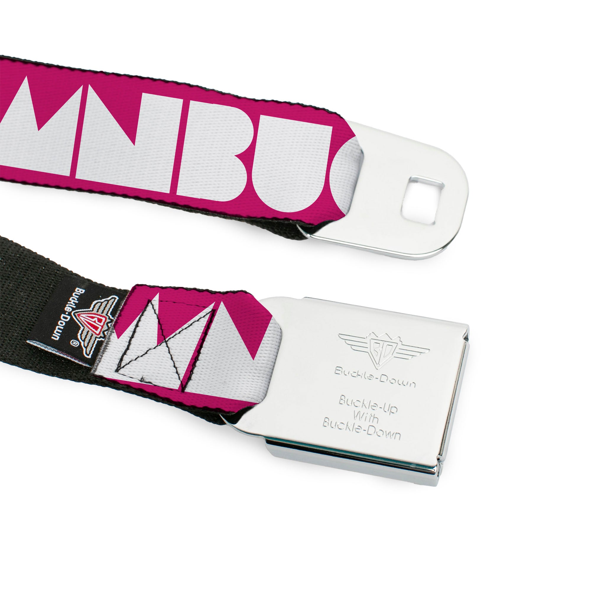BD Wings Logo CLOSE-UP Full Color Black Silver Seatbelt Belt - BUCKLE-DOWN Shapes Hot Pink/White Webbing Seatbelt Belts Buckle-Down