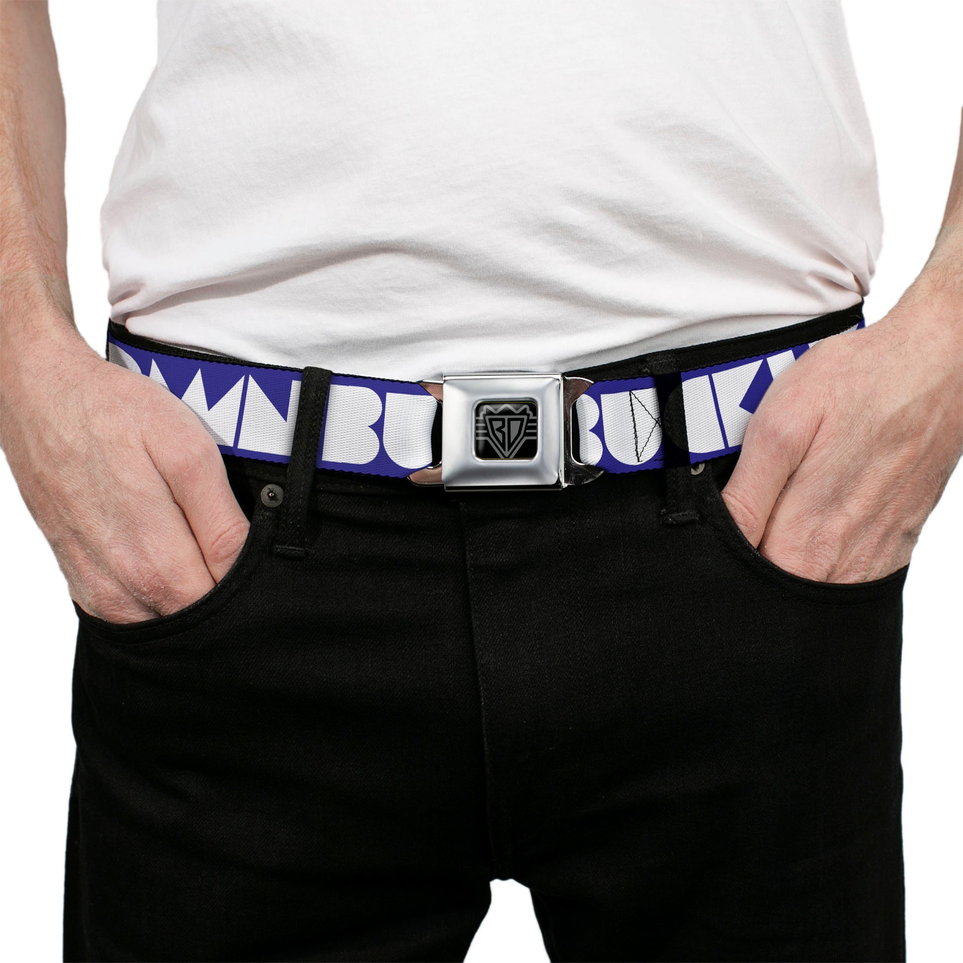 BD Wings Logo CLOSE-UP Full Color Black Silver Seatbelt Belt - BUCKLE-DOWN Shapes Blue/White Webbing Seatbelt Belts Buckle-Down