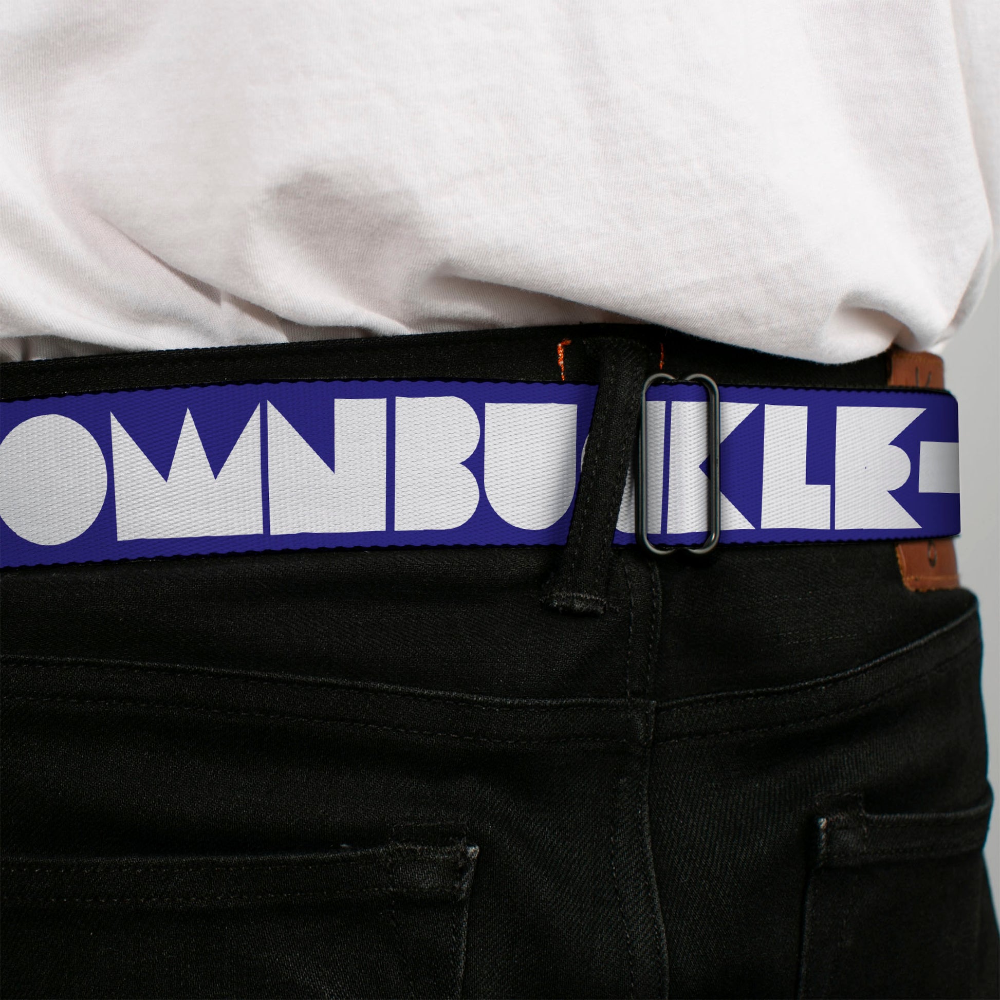 BD Wings Logo CLOSE-UP Full Color Black Silver Seatbelt Belt - BUCKLE-DOWN Shapes Blue/White Webbing Seatbelt Belts Buckle-Down