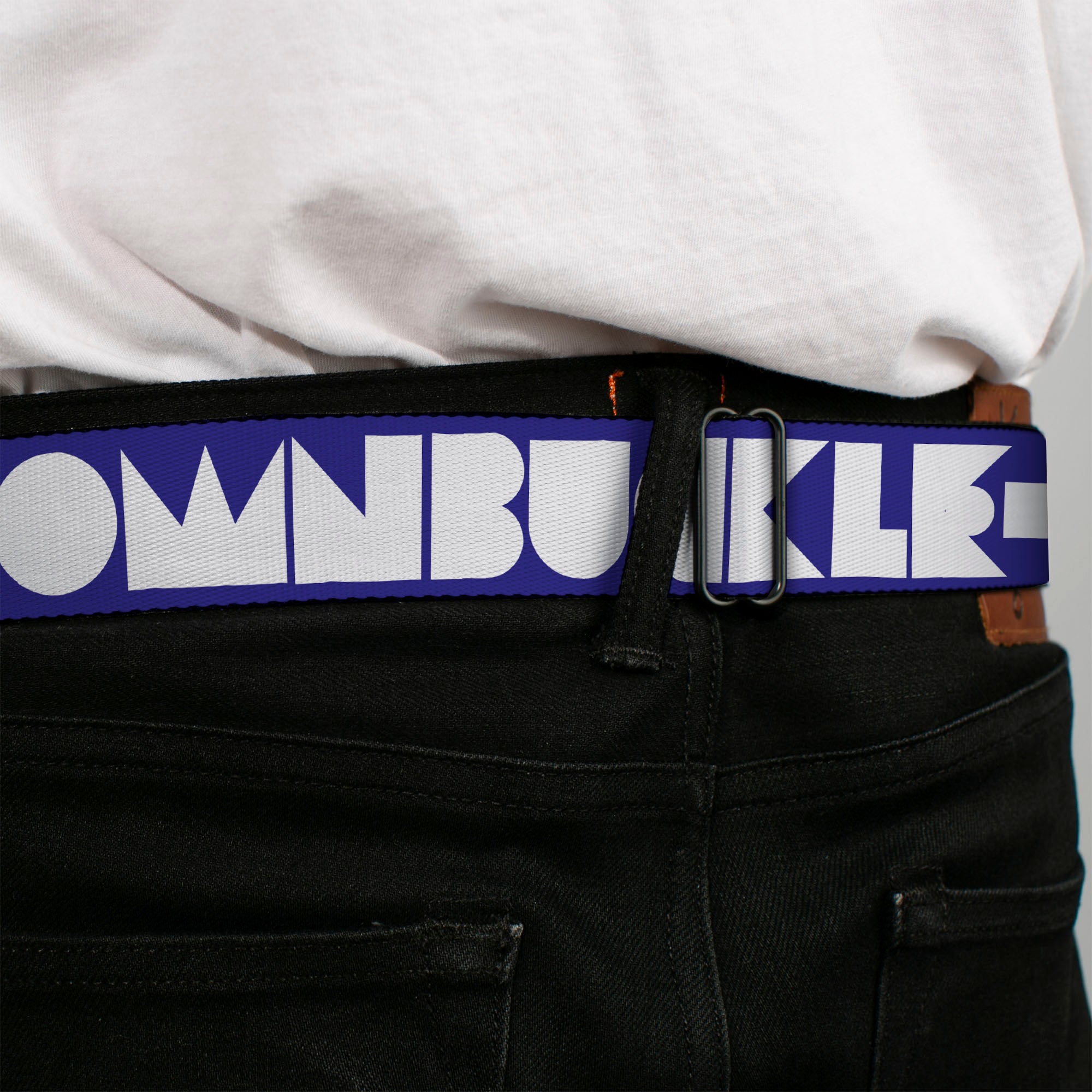BD Wings Logo CLOSE-UP Full Color Black Silver Seatbelt Belt - BUCKLE-DOWN Shapes Blue/White Webbing Seatbelt Belts Buckle-Down