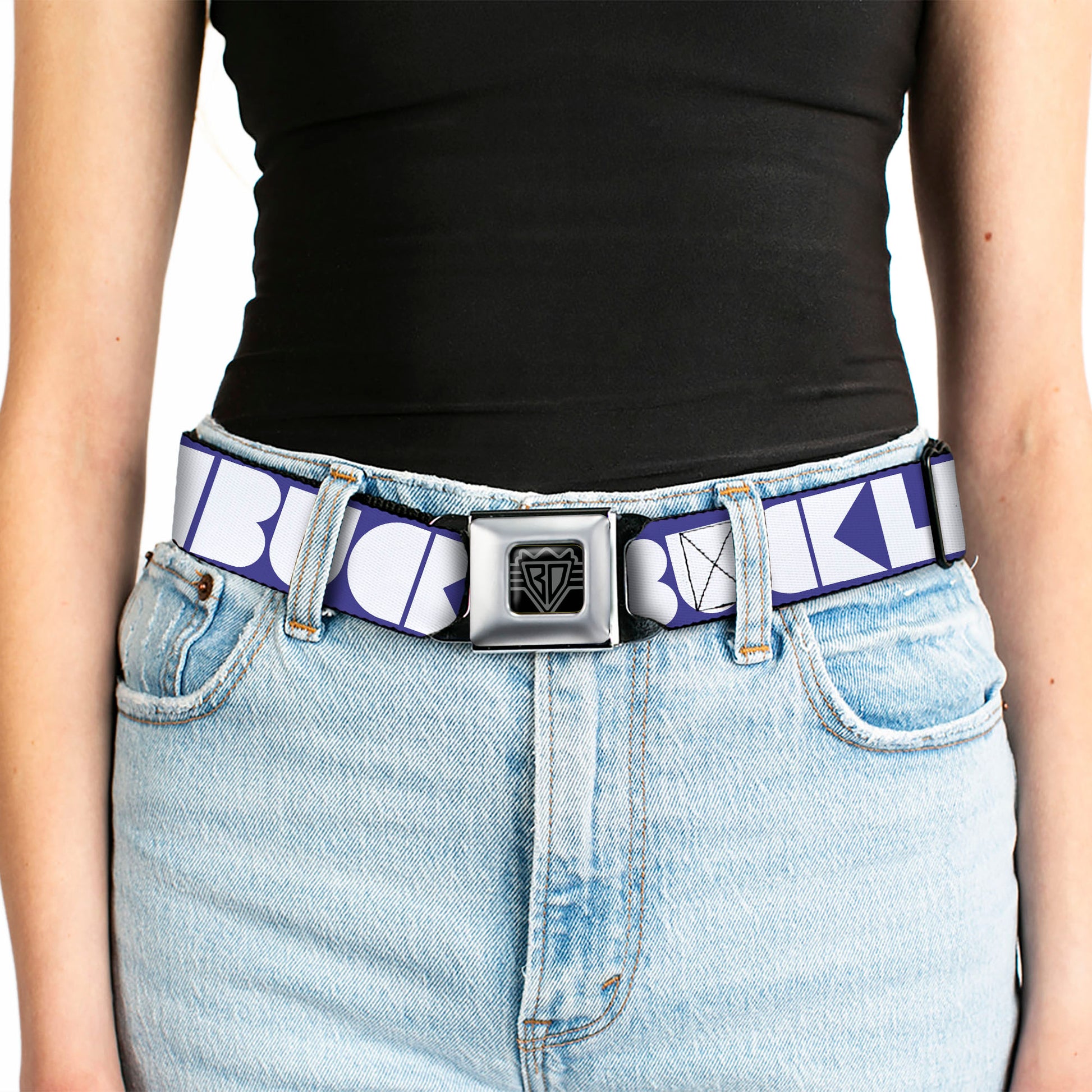 BD Wings Logo CLOSE-UP Full Color Black Silver Seatbelt Belt - BUCKLE-DOWN Shapes Blue/White Webbing Seatbelt Belts Buckle-Down