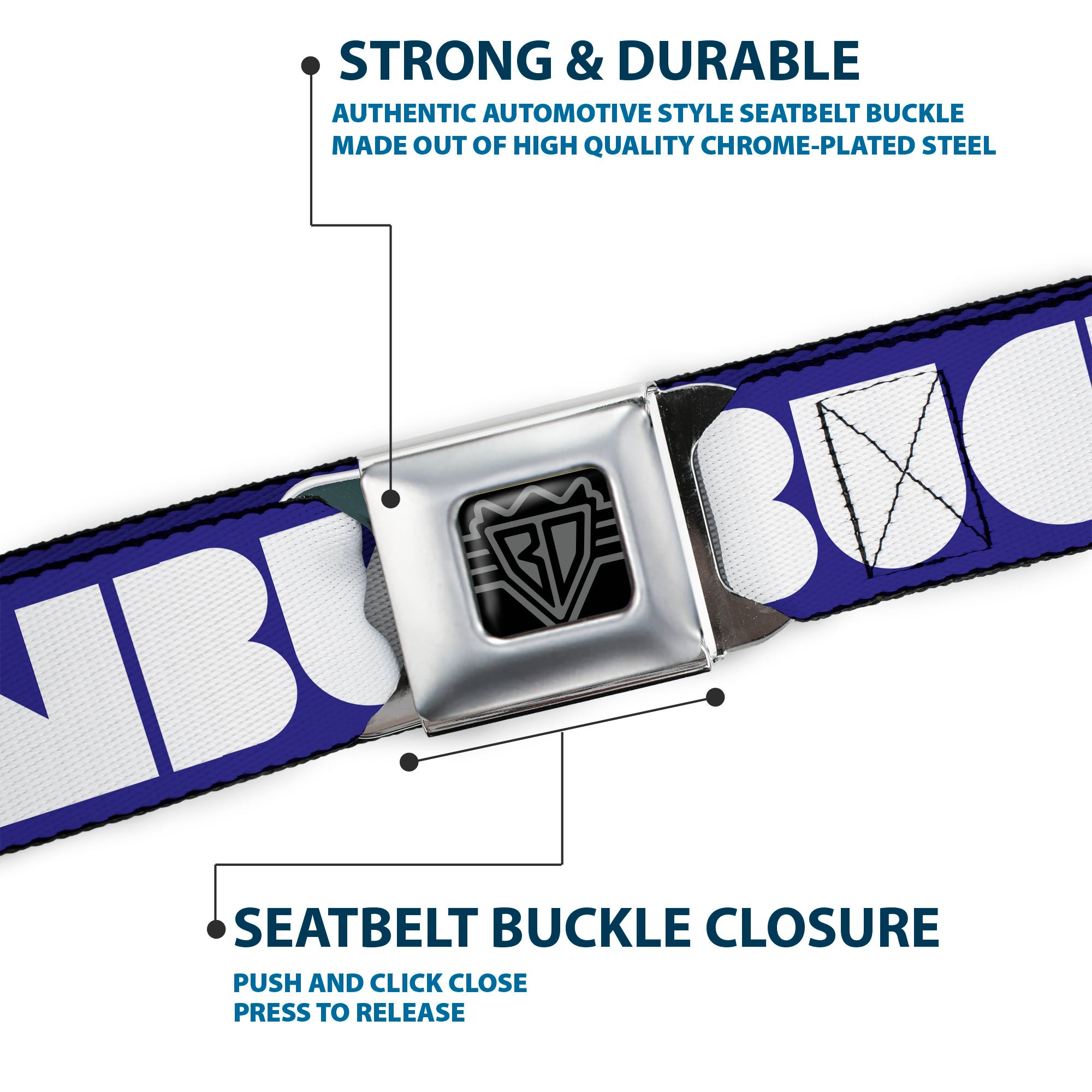 BD Wings Logo CLOSE-UP Full Color Black Silver Seatbelt Belt - BUCKLE-DOWN Shapes Blue/White Webbing Seatbelt Belts Buckle-Down