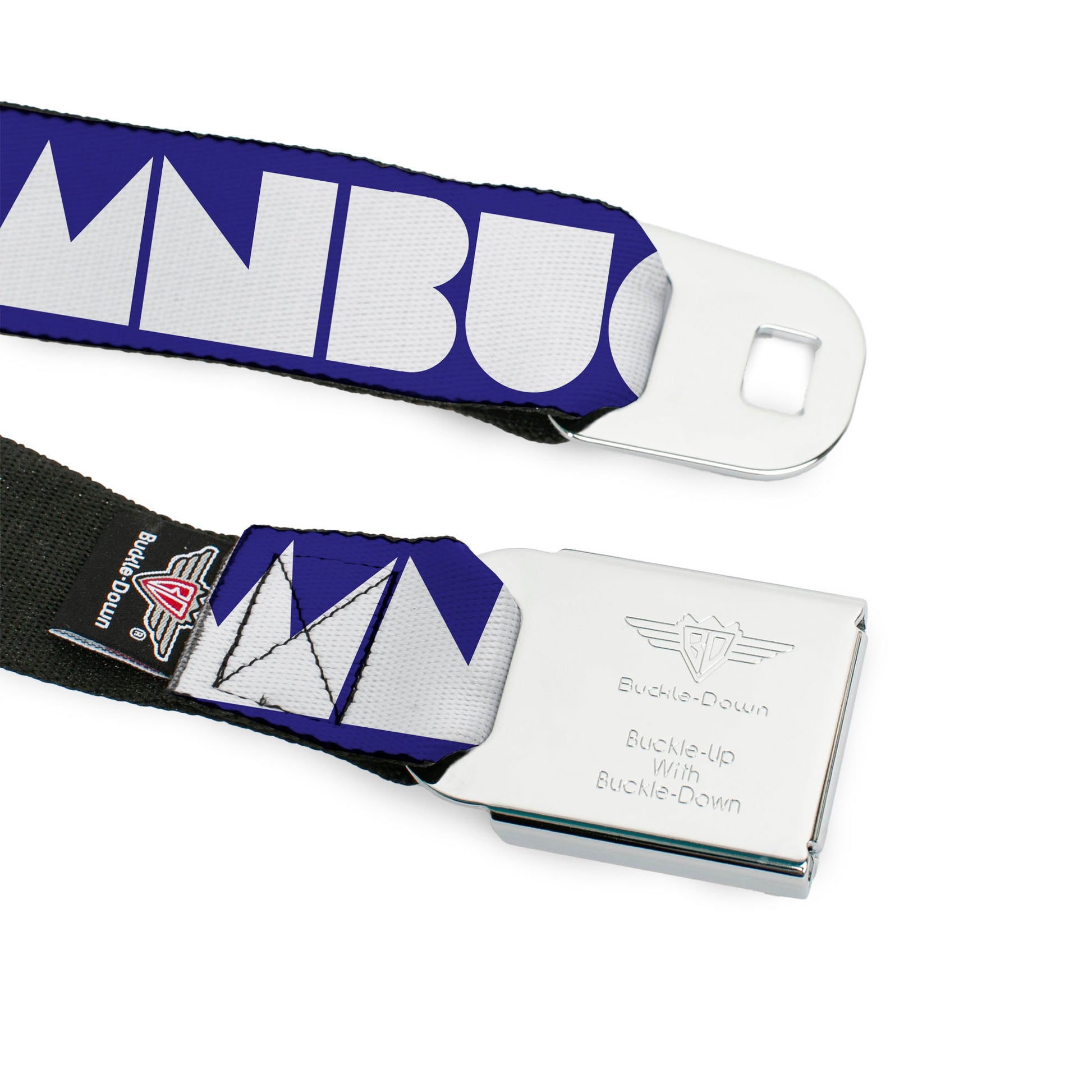 BD Wings Logo CLOSE-UP Full Color Black Silver Seatbelt Belt - BUCKLE-DOWN Shapes Blue/White Webbing Seatbelt Belts Buckle-Down