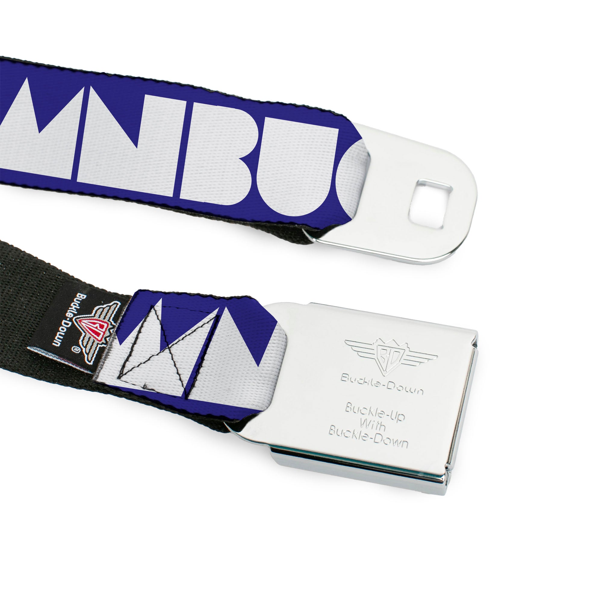 BD Wings Logo CLOSE-UP Full Color Black Silver Seatbelt Belt - BUCKLE-DOWN Shapes Blue/White Webbing Seatbelt Belts Buckle-Down